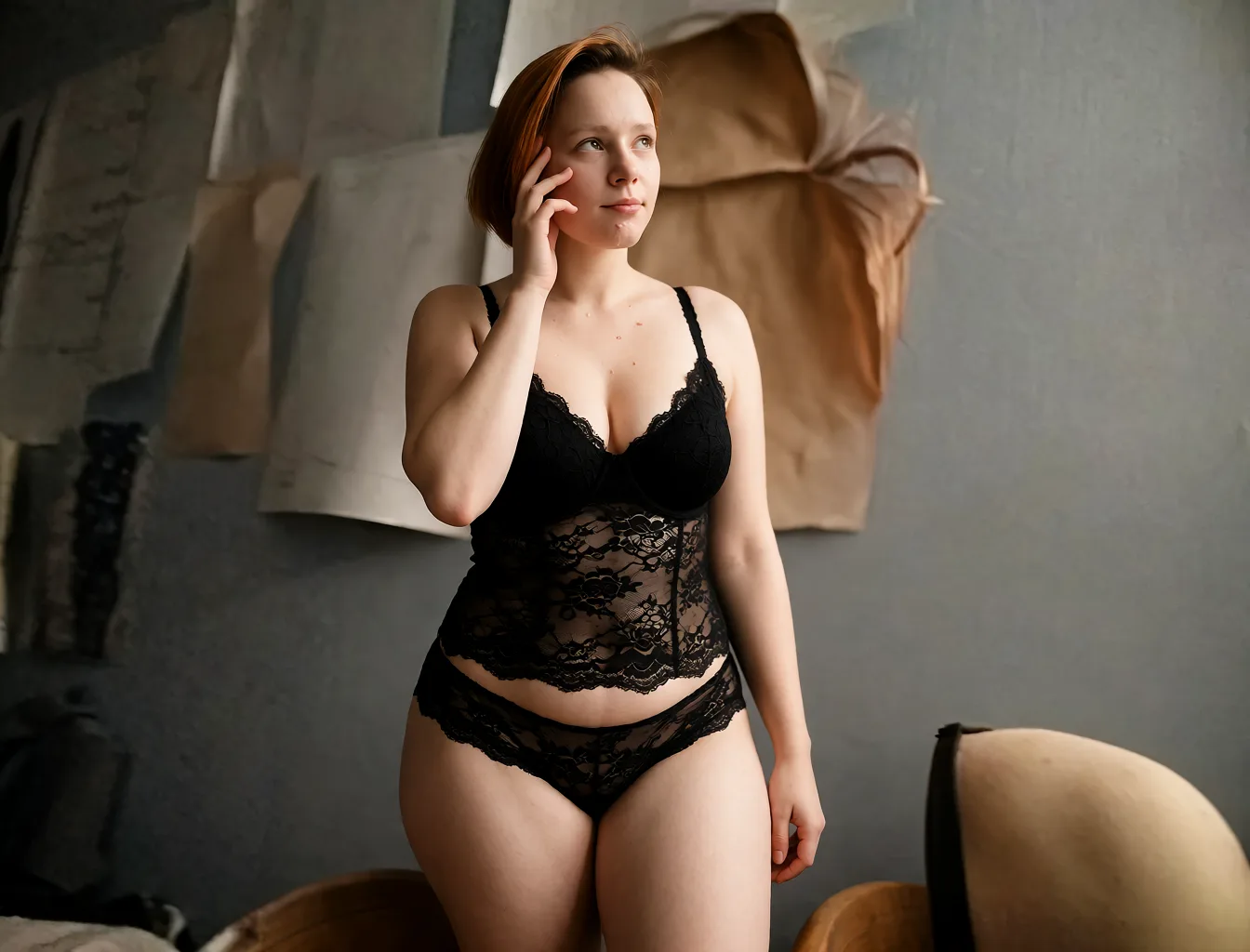 Edit the supplied photograph. Change only what is asked for below. Return one clean, natural, high-resolution photograph with realistic skin texture and no distortion. Make her hips and thighs fuller and curvier, in a natural proportion to the rest of the body. Replace her outfit with a black lace lingerie set that fits her properly. Keep her face, her identity, her hair and her skin tone exactly as they are, and keep the room and the light she is in. Keep her pose and the framing of the shot.