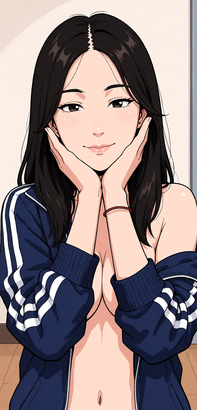 Redraw the entire picture as a hand-drawn anime illustration in flat cel-shaded anime style. It stays the same person with the same face, the same expression, the same hair and the same skin tone, and every other detail of the photograph is kept exactly as it is: nothing is added, removed, moved, uncovered or recoloured. Only the medium changes, and no part of the picture is left photographic. Above all, the picture must show: 옷을 전부 벗는 모습.