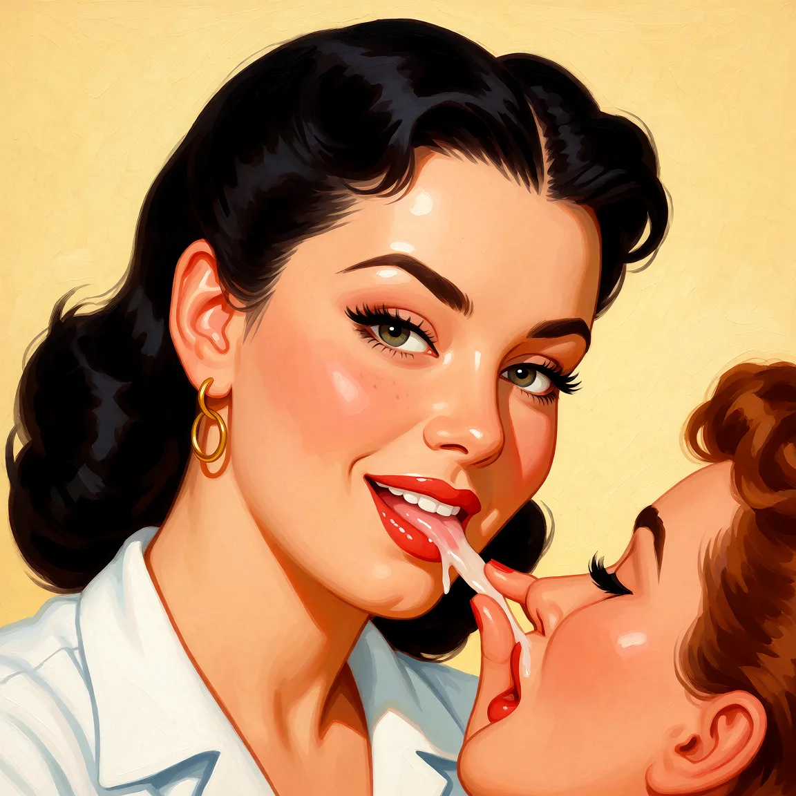Redraw the entire picture as a retro pin-up illustration: smooth airbrushed gouache paint, warm saturated mid-century colour, clean confident outlines and glamorous stylised features, in the look of a 1950s pin-up poster. The background is painted in the same style. Nothing in the frame keeps its photographic appearance. Above all, the picture must show: fingering.