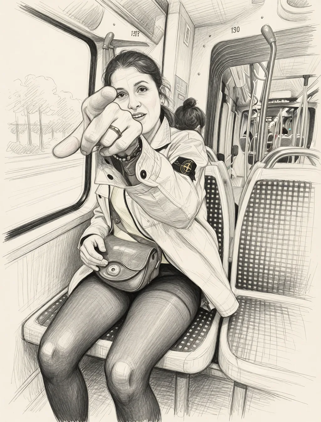 Redraw the entire picture as a hand-drawn graphite sketch on off-white paper: visible pencil strokes, cross-hatched shading, loose construction lines and no colour beyond the grey of the pencil and the tone of the paper. The background is drawn in the same style. Nothing in the frame keeps its photographic appearance. Above all, the picture must show: Pantyhose standing up naked.