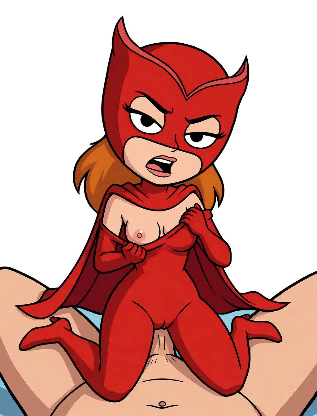 Redraw the entire picture as a western animated cartoon cel: thick even outlines, flat bright blocks of colour, simplified rounded shapes and hard-edged shadows, in the look of a television cartoon rather than of a camera. Keep the woman's adult proportions and adult figure exactly as they are; only the drawing style changes. The background is drawn in the same style. Nothing in the frame keeps its photographic appearance. Above all, the picture must show: She sit on dick, cum, angry.