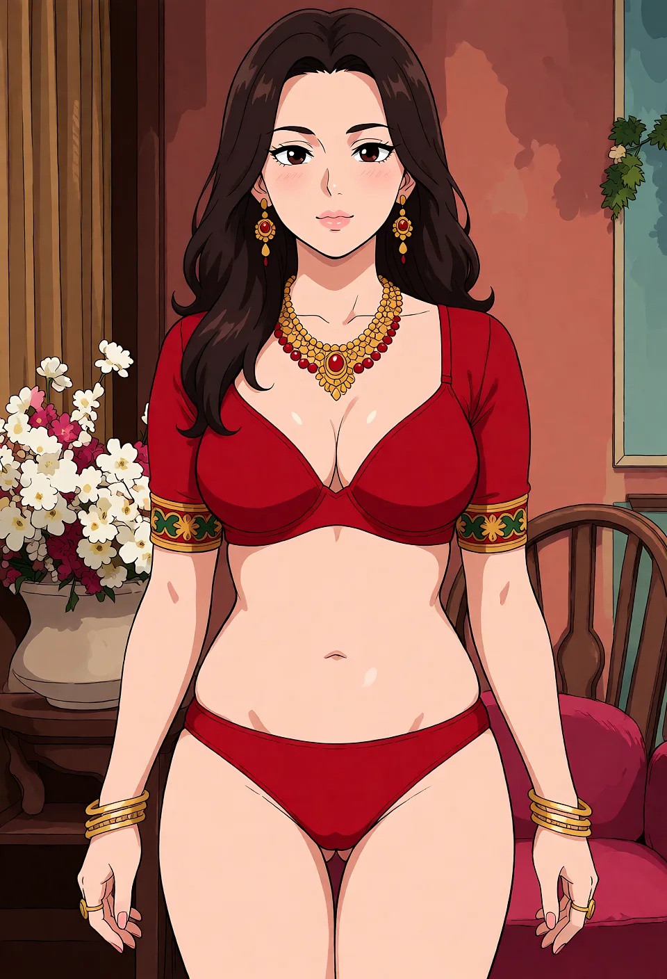 Redraw the entire picture as a hand-drawn anime illustration in flat cel-shaded anime style. It stays the same person with the same face, the same expression, the same hair and the same skin tone, and every other detail of the photograph is kept exactly as it is: nothing is added, removed, moved, uncovered or recoloured. Only the medium changes, and no part of the picture is left photographic. Above all, the picture must show: nothing but red clit submissive lingerie.