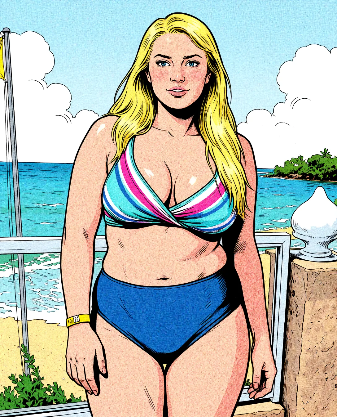 Redraw the entire picture as western comic-book art: heavy black inked outlines, hard-edged cel shading, limited high-contrast colour and visible halftone dot texture. The background is drawn in the same style. Nothing in the frame keeps its photographic appearance. Above all, the picture must show: Naked.