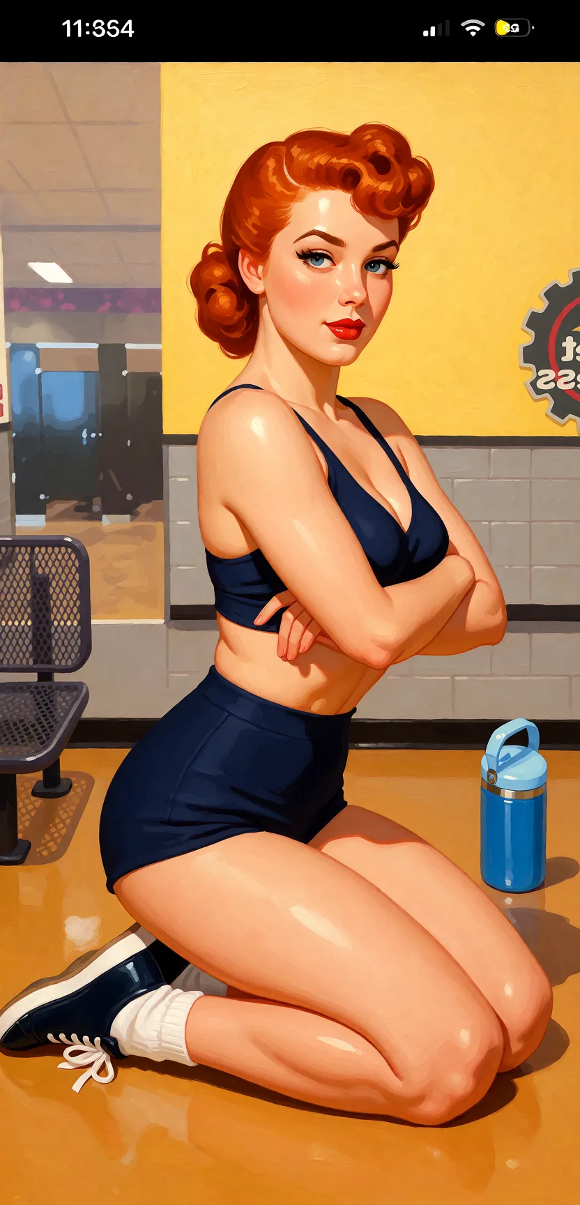Redraw the entire picture as a retro pin-up illustration: smooth airbrushed gouache paint, warm saturated mid-century colour, clean confident outlines and glamorous stylised features, in the look of a 1950s pin-up poster. The background is painted in the same style. Nothing in the frame keeps its photographic appearance. Above all, the picture must show: all_fours.