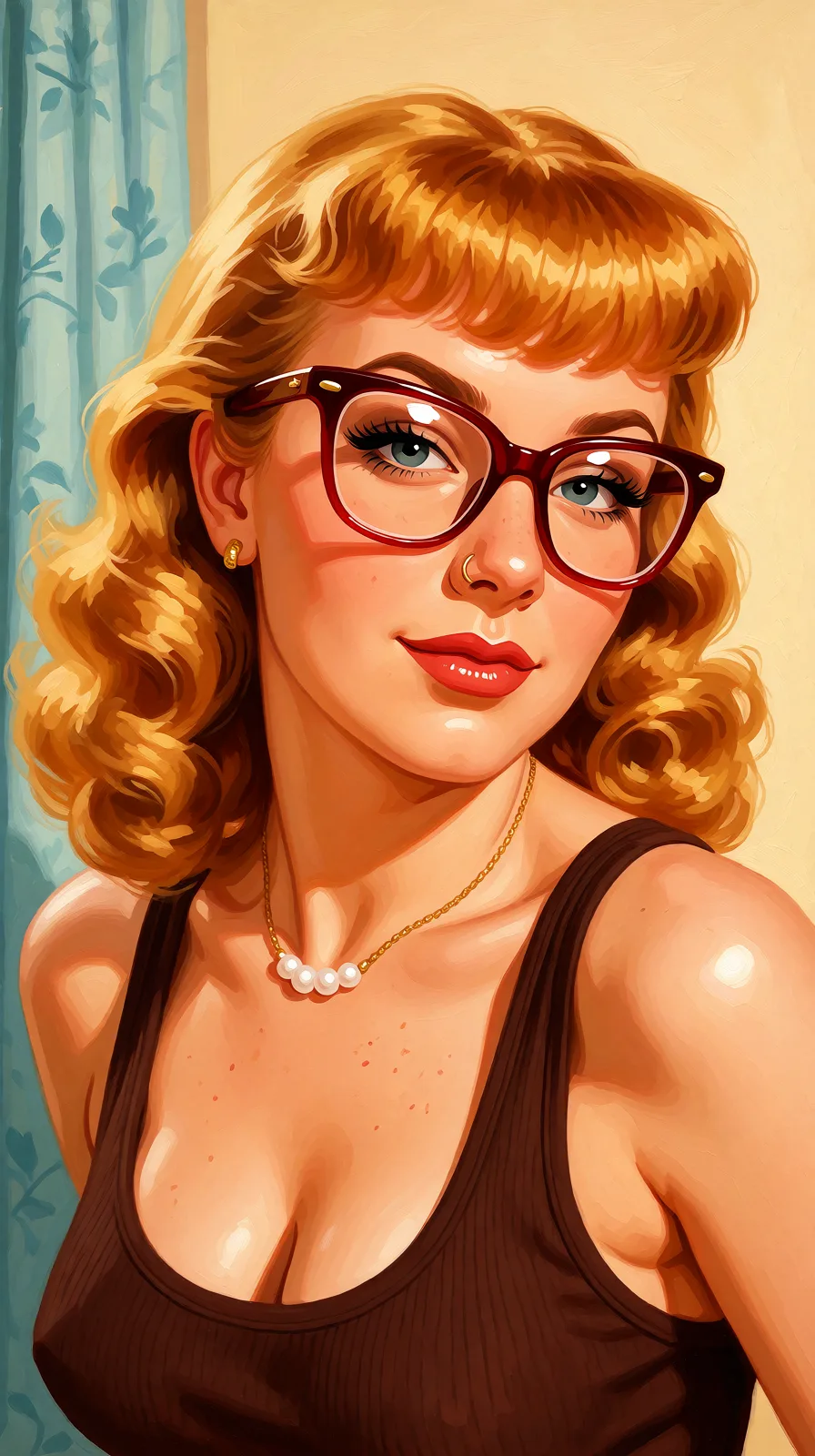 Redraw the entire picture as a retro pin-up illustration: smooth airbrushed gouache paint, warm saturated mid-century colour, clean confident outlines and glamorous stylised features, in the look of a 1950s pin-up poster. The background is painted in the same style. Nothing in the frame keeps its photographic appearance. Above all, the picture must show: Sloppy deepthroat.