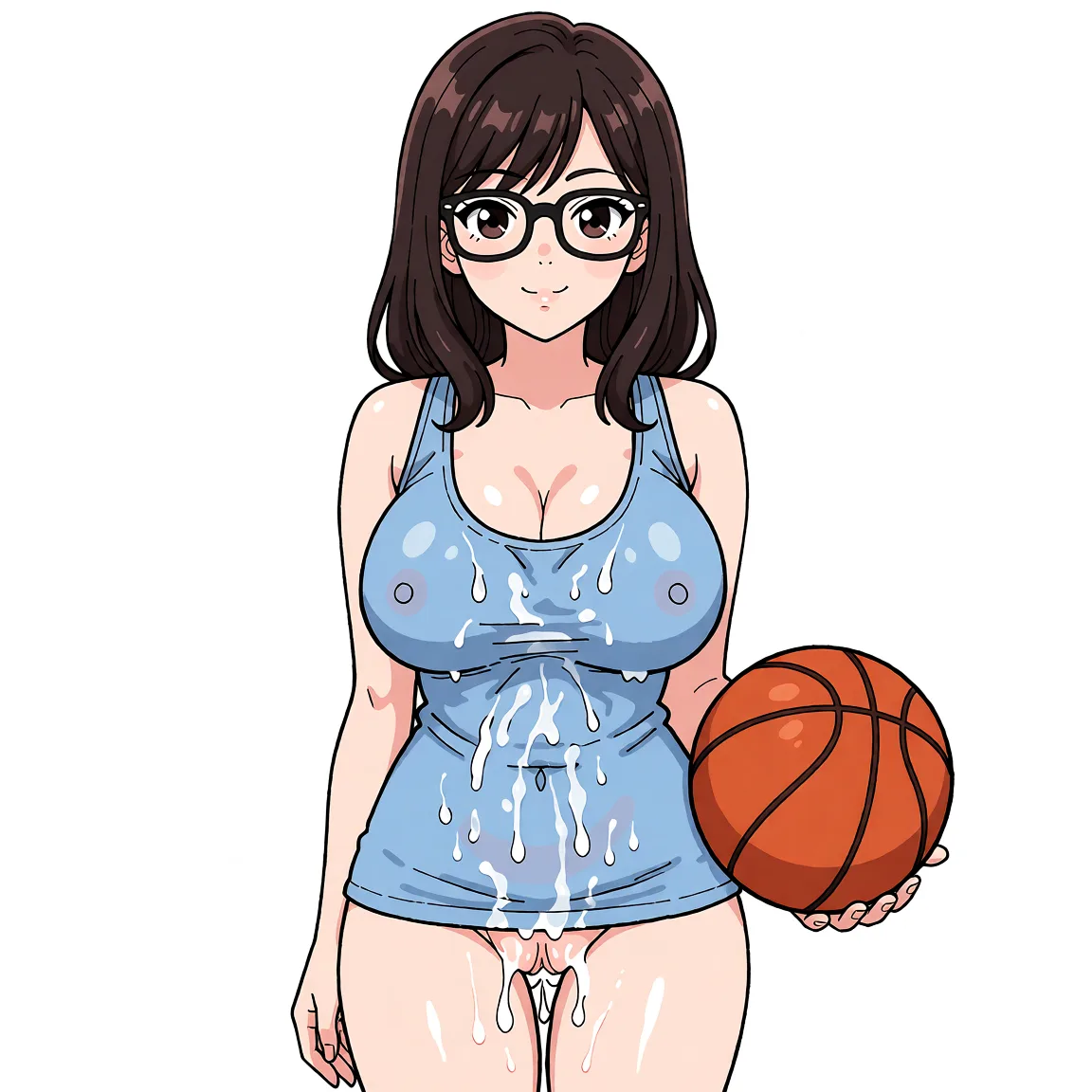 Redraw the entire picture as a hand-drawn anime illustration in flat cel-shaded anime style. It stays the same person with the same face, the same expression, the same hair and the same skin tone, and every other detail of the photograph is kept exactly as it is: nothing is added, removed, moved, uncovered or recoloured. Only the medium changes, and no part of the picture is left photographic. Above all, the picture must show: gym, gymsuit no pants on naked on the torso, pussy shown, basketball.. Anime style, clean cel shading, vibrant colors. The breasts are exceptionally full and very large. Moderate subject proportion, ample negative space, masterpiece, ultra detailed, perfect anatomy, clear symmetrical face, intact limbs.