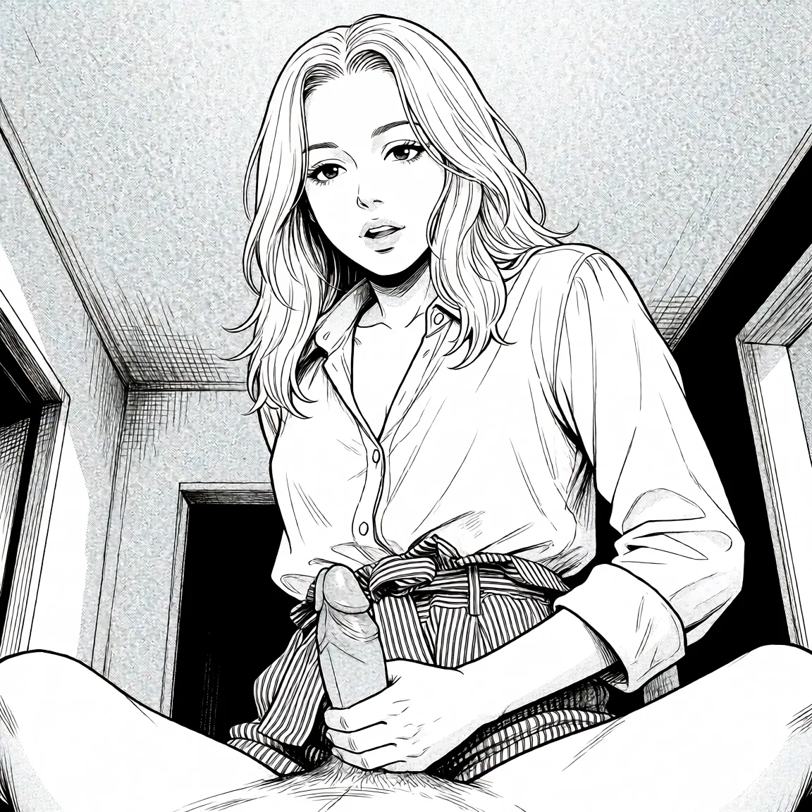 Redraw the entire picture as a black and white manga page: crisp black ink line art, no colour anywhere, flat halftone screentone shading, hatched shadows and clean white highlights, in the look of a printed manga panel. The background is drawn in the same style. Nothing in the frame keeps its photographic appearance. Above all, the picture must show: masturbation.
