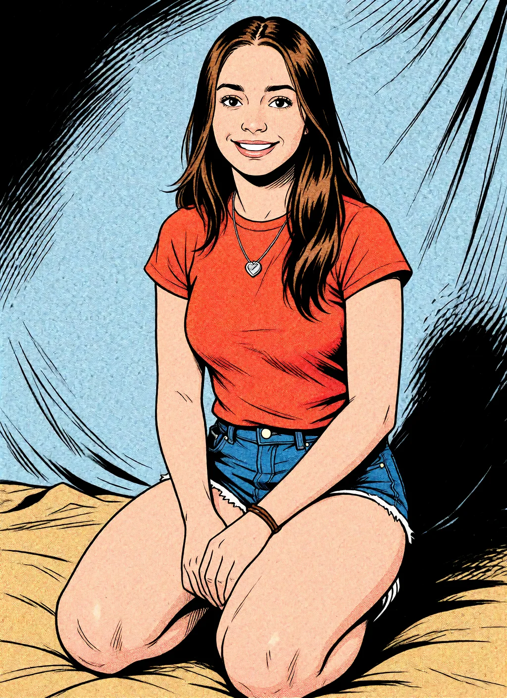 Redraw the entire picture as western comic-book art: heavy black inked outlines, hard-edged cel shading, limited high-contrast colour and visible halftone dot texture. The background is drawn in the same style. Nothing in the frame keeps its photographic appearance. Above all, the picture must show: nude thick_thighs medium_breasts.