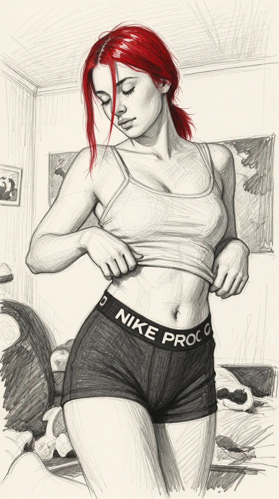 Redraw the entire picture as a hand-drawn graphite sketch on off-white paper: visible pencil strokes, cross-hatched shading, loose construction lines and no colour beyond the grey of the pencil and the tone of the paper. The background is drawn in the same style. Nothing in the frame keeps its photographic appearance. Above all, the picture must show: La mettre nue.