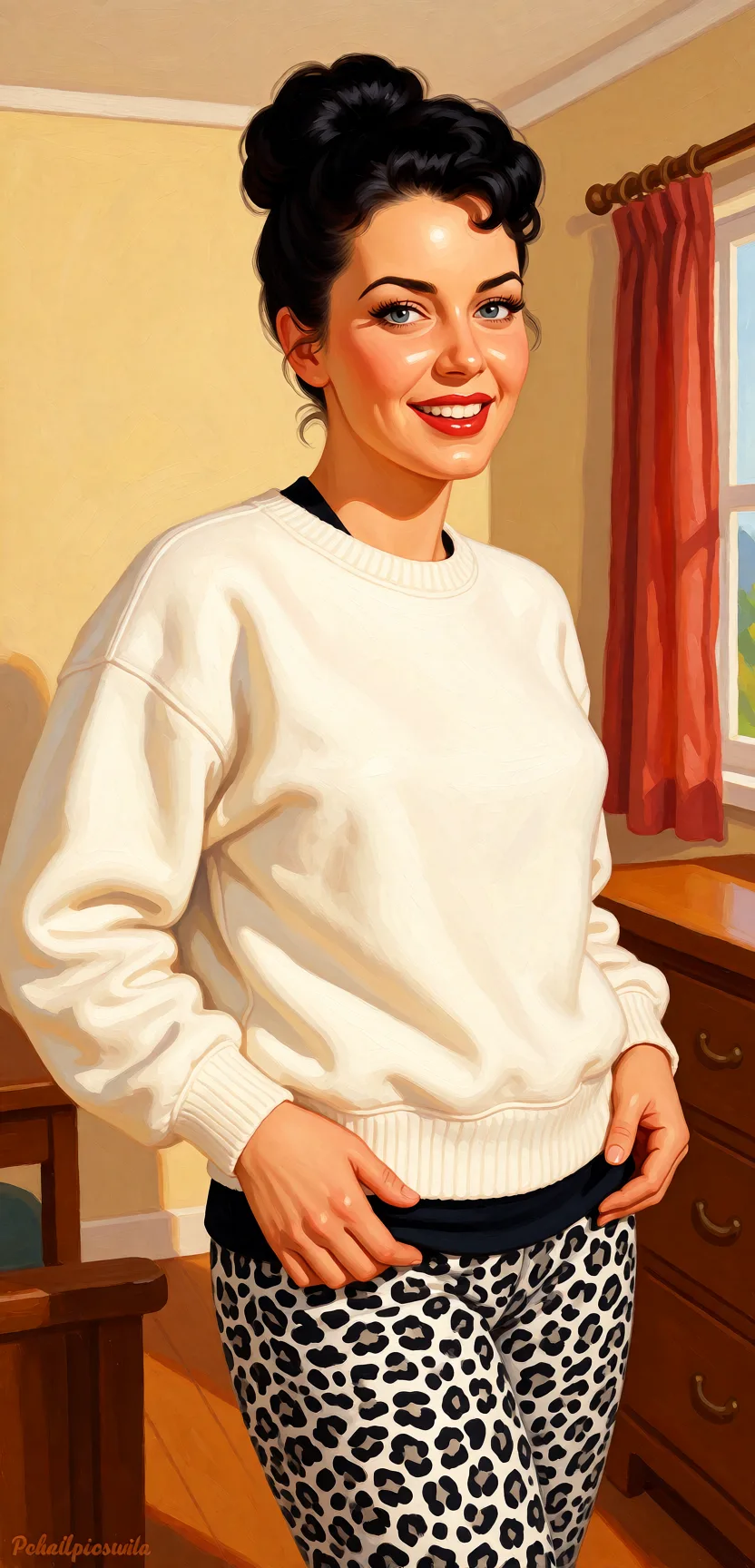 Redraw the entire picture as a retro pin-up illustration: smooth airbrushed gouache paint, warm saturated mid-century colour, clean confident outlines and glamorous stylised features, in the look of a 1950s pin-up poster. The background is painted in the same style. Nothing in the frame keeps its photographic appearance. Above all, the picture must show: cowgirl_position.