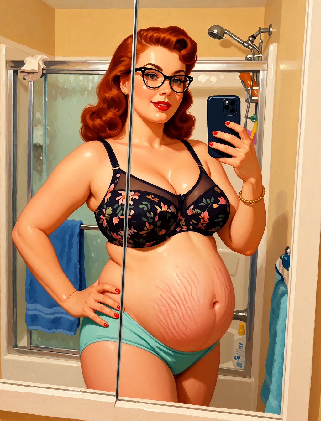 Redraw the entire picture as a retro pin-up illustration: smooth airbrushed gouache paint, warm saturated mid-century colour, clean confident outlines and glamorous stylised features, in the look of a 1950s pin-up poster. The background is painted in the same style. Nothing in the frame keeps its photographic appearance.