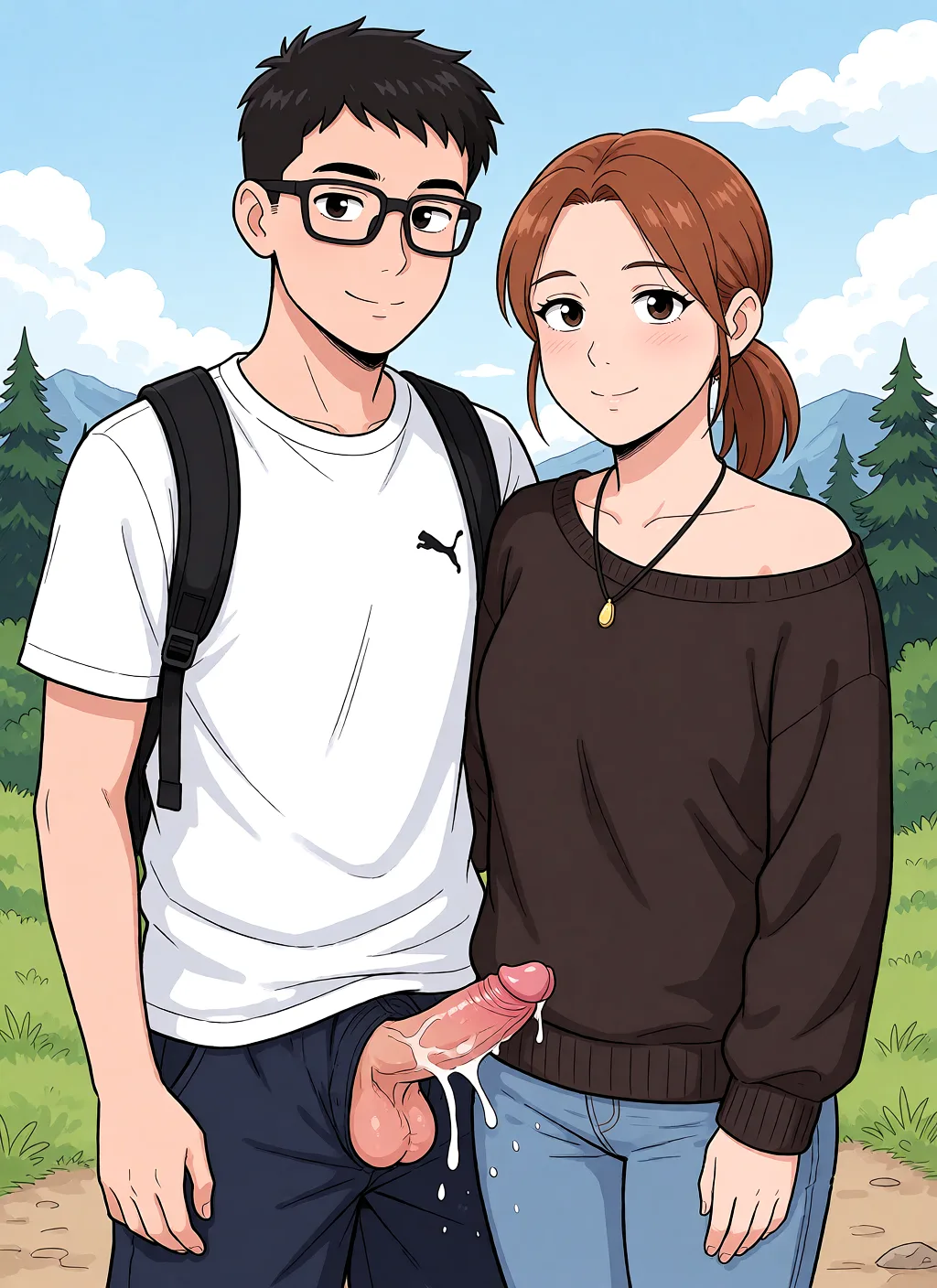Redraw the entire picture as a hand-drawn anime illustration in flat cel-shaded anime style. It stays the same person with the same face, the same expression, the same hair and the same skin tone, and every other detail of the photograph is kept exactly as it is: nothing is added, removed, moved, uncovered or recoloured. Only the medium changes, and no part of the picture is left photographic. Above all, the picture must show: sex.
