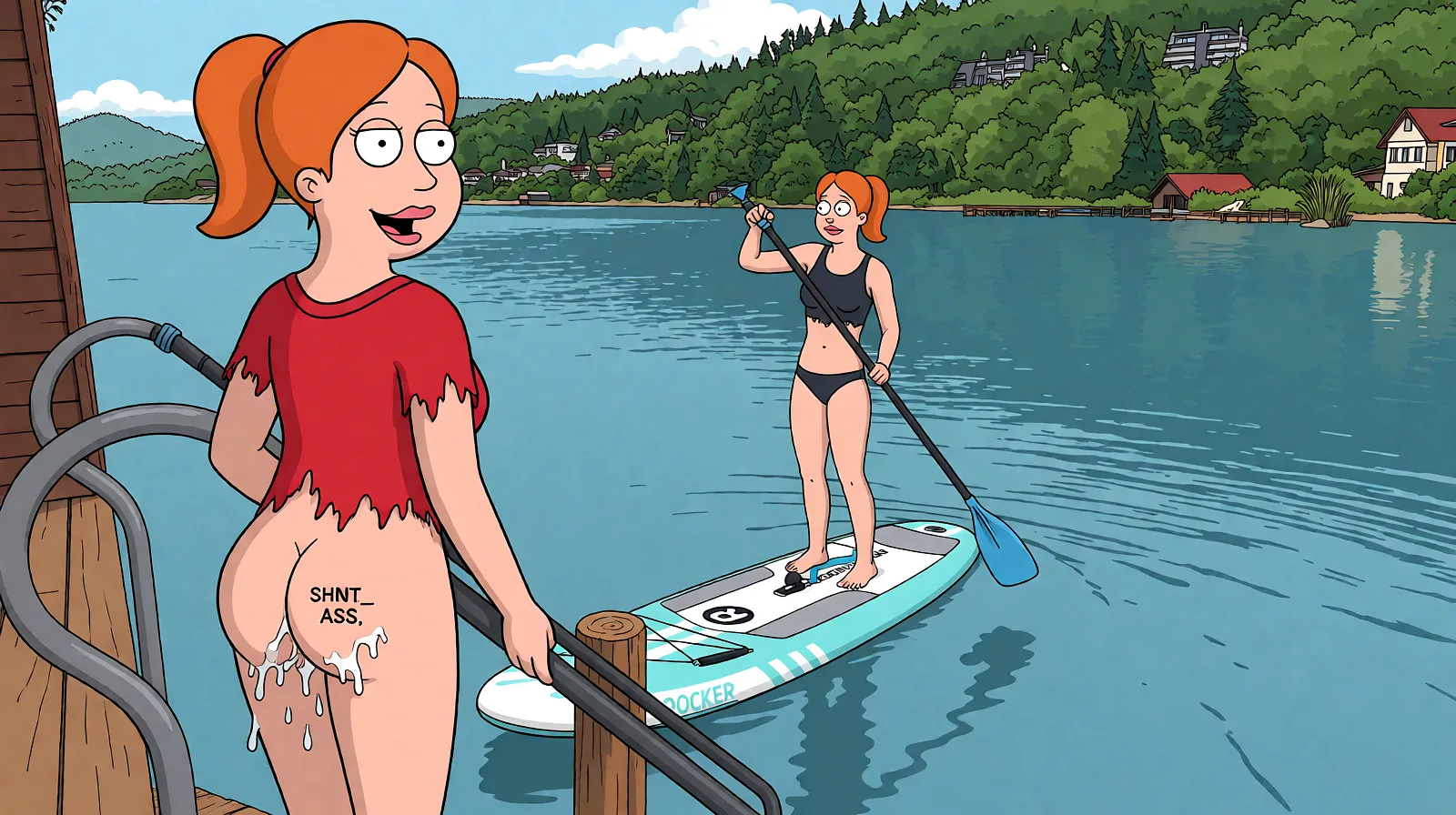 Redraw the entire picture as a western animated cartoon cel: thick even outlines, flat bright blocks of colour, simplified rounded shapes and hard-edged shadows, in the look of a television cartoon rather than of a camera. Keep the woman's adult proportions and adult figure exactly as they are; only the drawing style changes. The background is drawn in the same style. Nothing in the frame keeps its photographic appearance. Above all, the picture must show: torn_shirt dripping cum_in_ass.