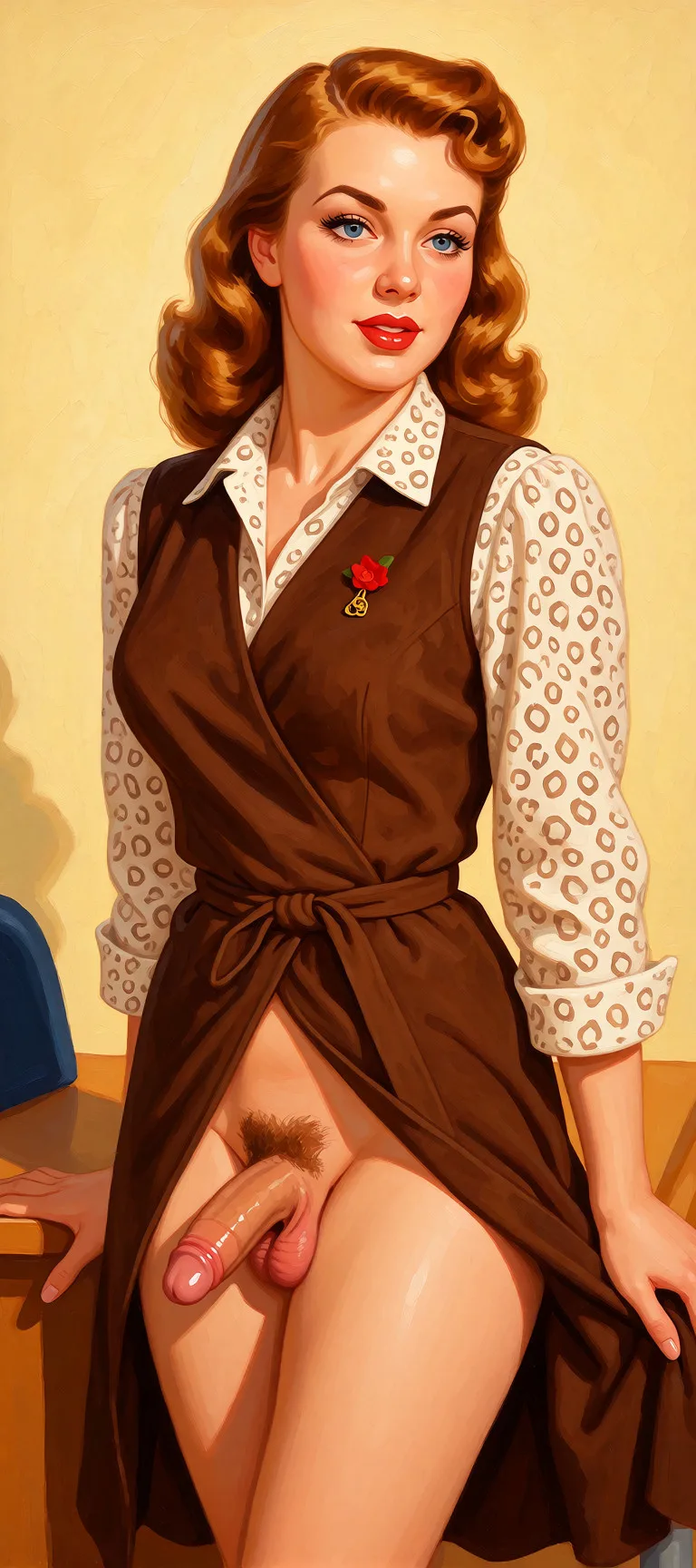 Redraw the entire picture as a retro pin-up illustration: smooth airbrushed gouache paint, warm saturated mid-century colour, clean confident outlines and glamorous stylised features, in the look of a 1950s pin-up poster. The background is painted in the same style. Nothing in the frame keeps its photographic appearance. Above all, the picture must show: futanari.