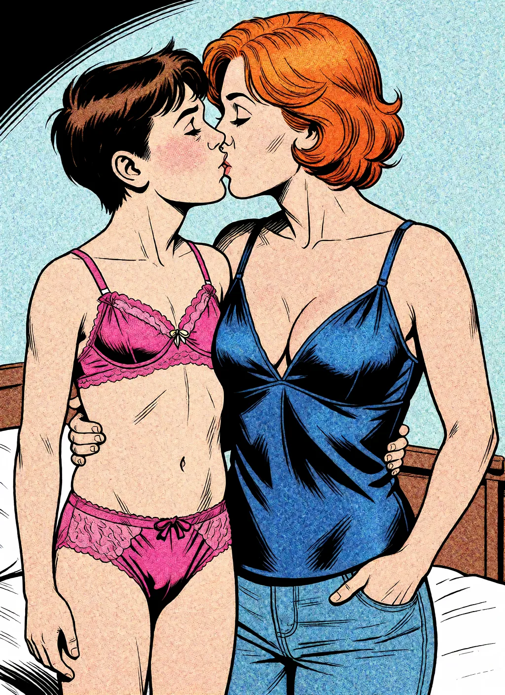 Redraw the entire picture as western comic-book art: heavy black inked outlines, hard-edged cel shading, limited high-contrast colour and visible halftone dot texture. The background is drawn in the same style. Nothing in the frame keeps its photographic appearance. Above all, the picture must show: panty bulge.