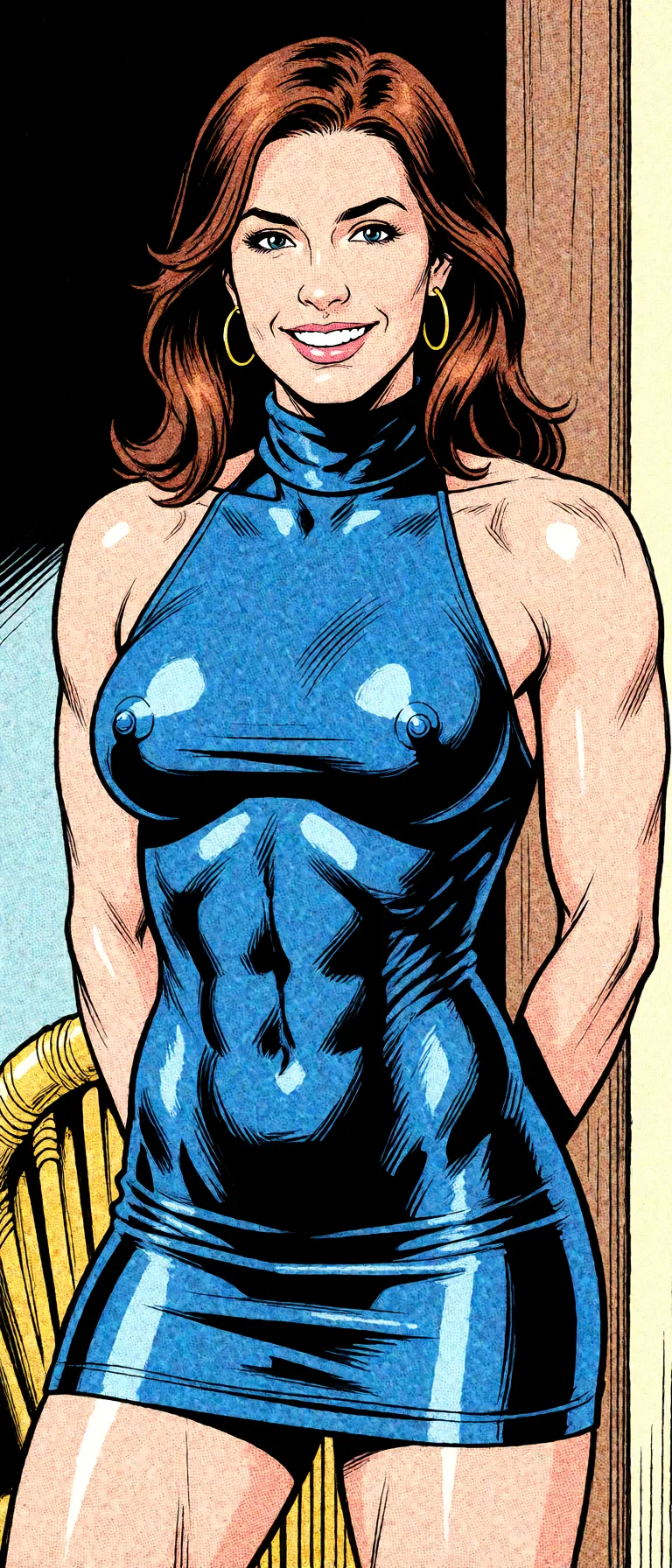 Redraw the entire picture as western comic-book art: heavy black inked outlines, hard-edged cel shading, limited high-contrast colour and visible halftone dot texture. The background is drawn in the same style. Nothing in the frame keeps its photographic appearance. Above all, the picture must show: Nude,erect nippels,tight abs.