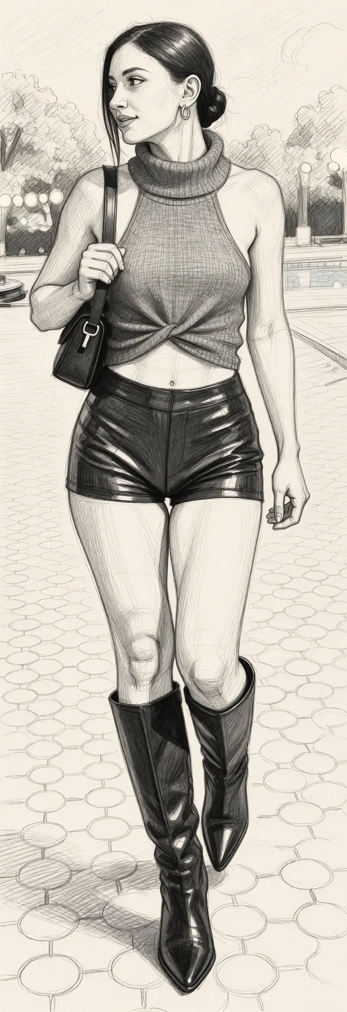 Redraw the entire picture as a hand-drawn graphite sketch on off-white paper: visible pencil strokes, cross-hatched shading, loose construction lines and no colour beyond the grey of the pencil and the tone of the paper. The background is drawn in the same style. Nothing in the frame keeps its photographic appearance. Above all, the picture must show: Leg fetish.