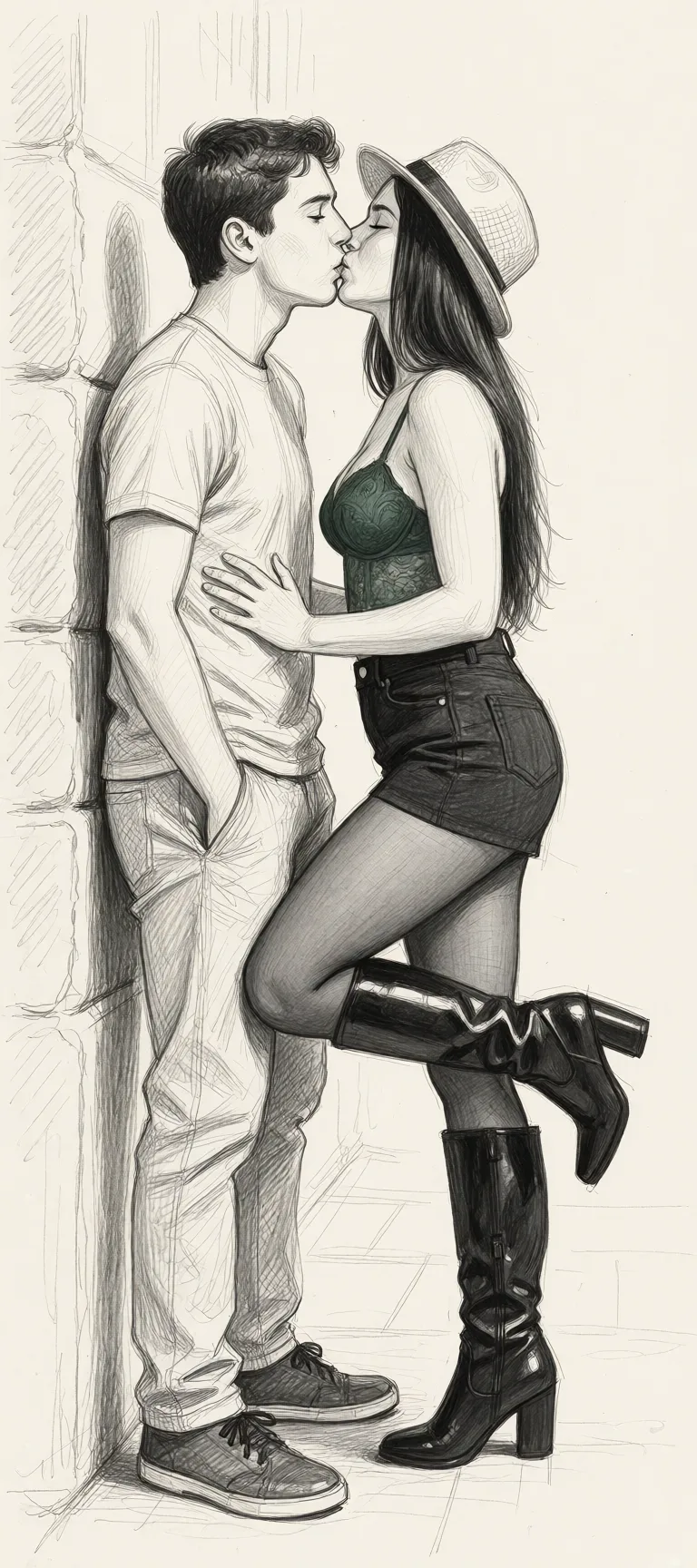 Redraw the entire picture as a hand-drawn graphite sketch on off-white paper: visible pencil strokes, cross-hatched shading, loose construction lines and no colour beyond the grey of the pencil and the tone of the paper. The background is drawn in the same style. Nothing in the frame keeps its photographic appearance. Above all, the picture must show: The woman raises her leg while kissing a younger guy.