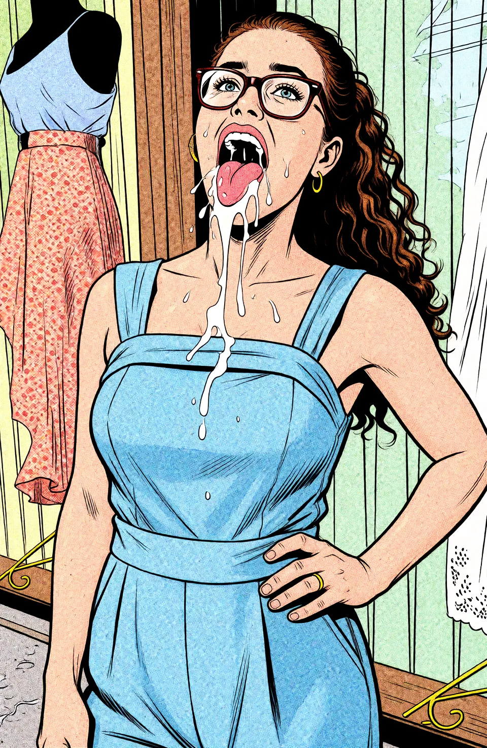 Redraw the entire picture as western comic-book art: heavy black inked outlines, hard-edged cel shading, limited high-contrast colour and visible halftone dot texture. The background is drawn in the same style. Nothing in the frame keeps its photographic appearance. Above all, the picture must show: Opening mouth and receiving a big load of cum inside her mouth.