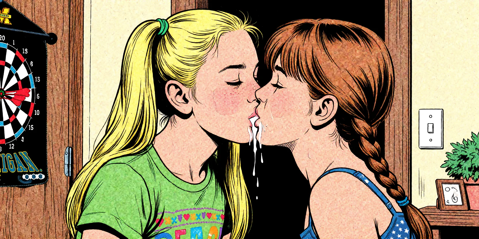Redraw the entire picture as western comic-book art: heavy black inked outlines, hard-edged cel shading, limited high-contrast colour and visible halftone dot texture. The background is drawn in the same style. Nothing in the frame keeps its photographic appearance. Above all, the picture must show: french_kiss cum_in_mouth.