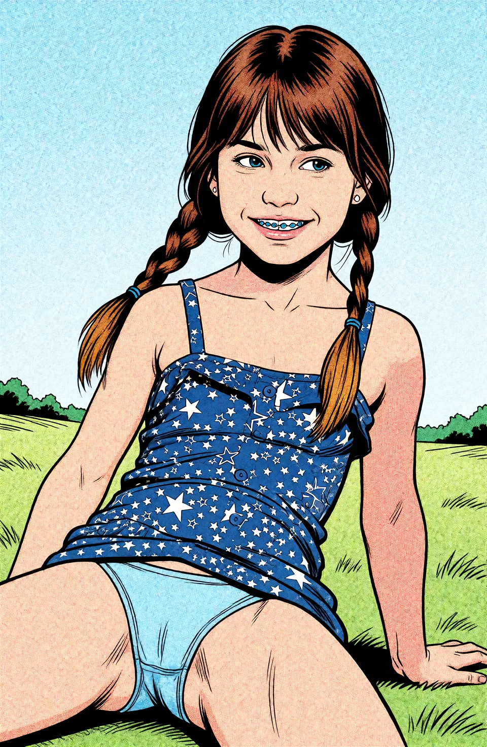 Redraw the entire picture as western comic-book art: heavy black inked outlines, hard-edged cel shading, limited high-contrast colour and visible halftone dot texture. The background is drawn in the same style. Nothing in the frame keeps its photographic appearance. Above all, the picture must show: spread_legs thong.
