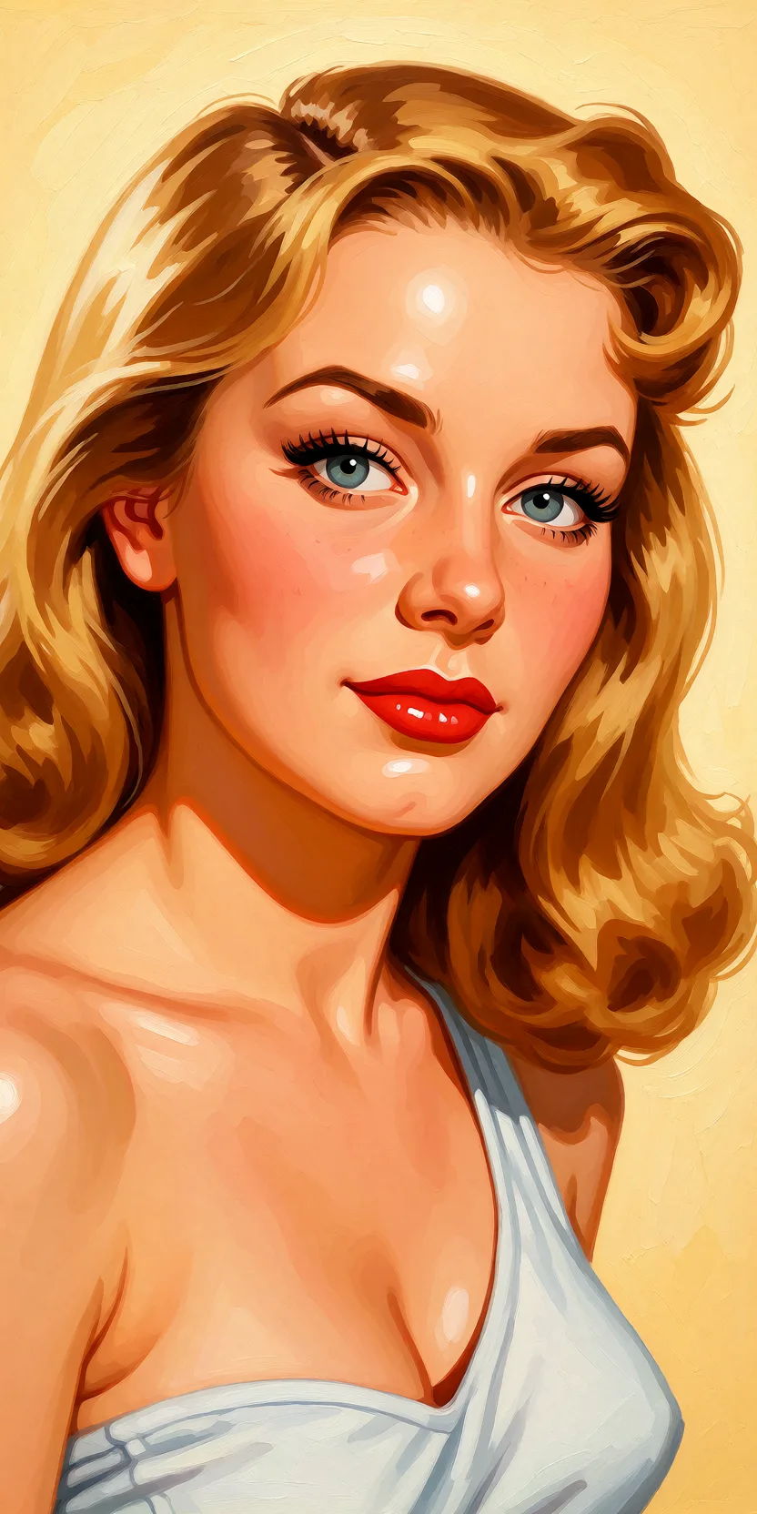 Redraw the entire picture as a retro pin-up illustration: smooth airbrushed gouache paint, warm saturated mid-century colour, clean confident outlines and glamorous stylised features, in the look of a 1950s pin-up poster. The background is painted in the same style. Nothing in the frame keeps its photographic appearance. Above all, the picture must show: Blowjob.