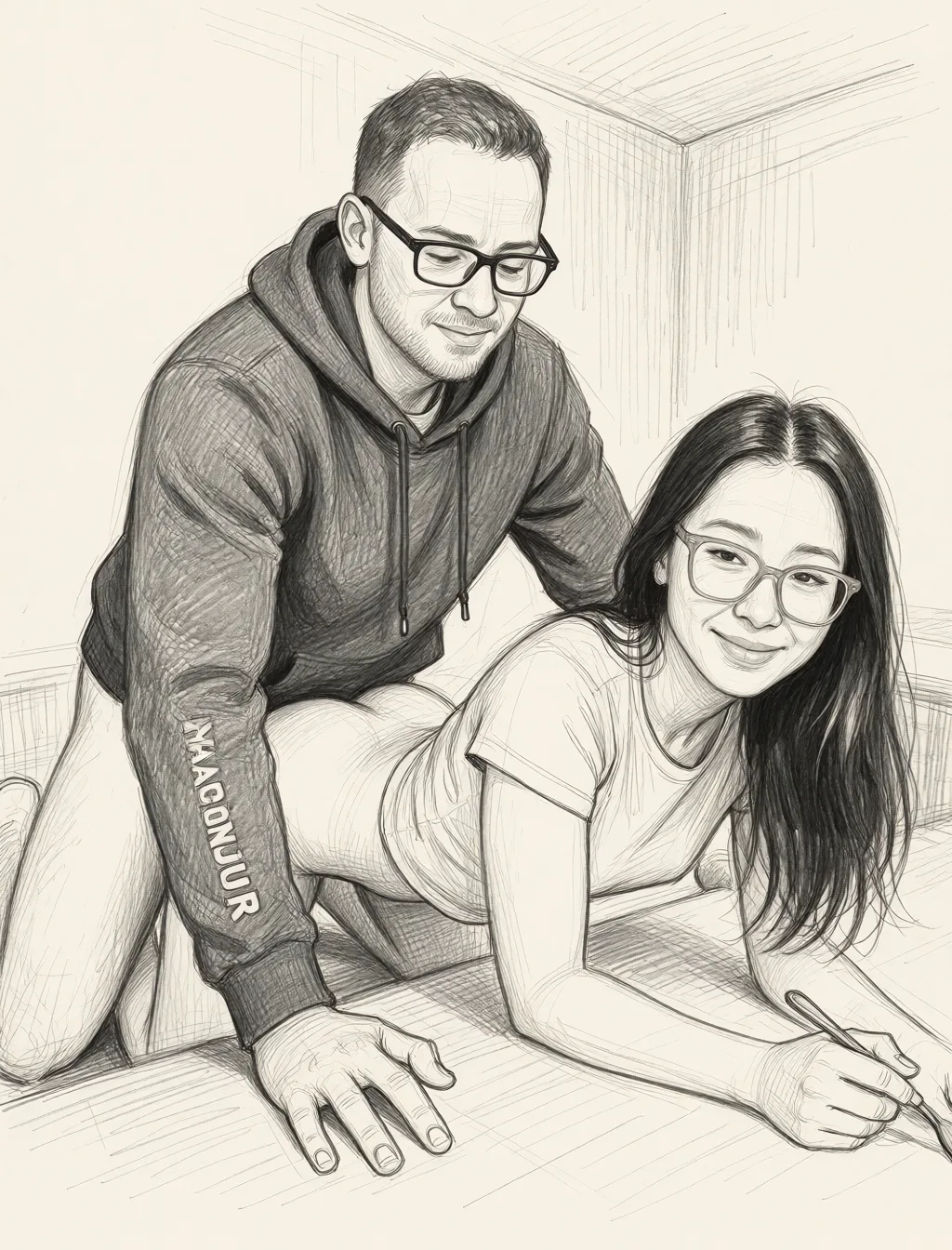 Redraw the entire picture as a hand-drawn graphite sketch on off-white paper: visible pencil strokes, cross-hatched shading, loose construction lines and no colour beyond the grey of the pencil and the tone of the paper. The background is drawn in the same style. Nothing in the frame keeps its photographic appearance. Above all, the picture must show: He bangs her hard doggystyle.