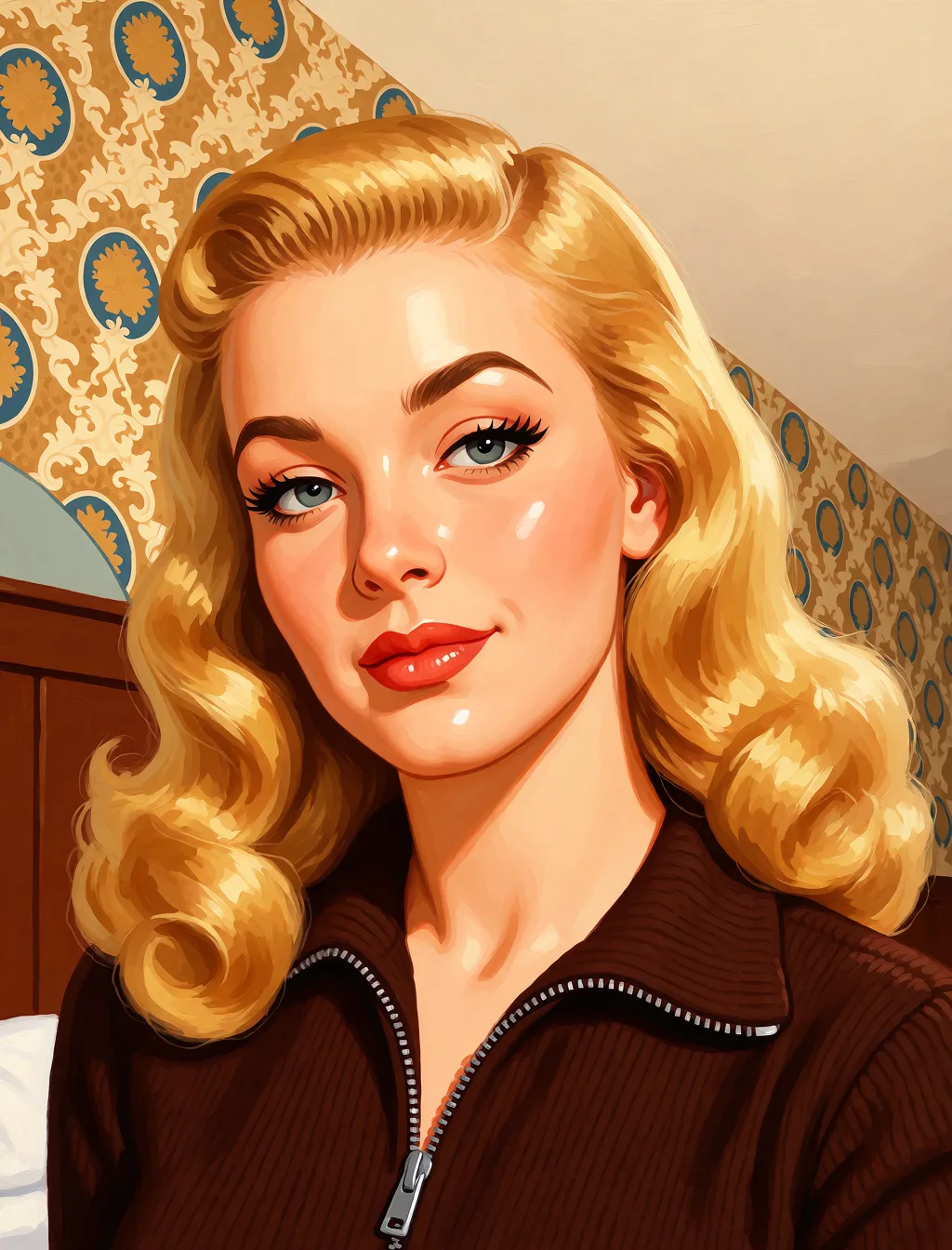 Redraw the entire picture as a retro pin-up illustration: smooth airbrushed gouache paint, warm saturated mid-century colour, clean confident outlines and glamorous stylised features, in the look of a 1950s pin-up poster. The background is painted in the same style. Nothing in the frame keeps its photographic appearance. Above all, the picture must show: Rimming.