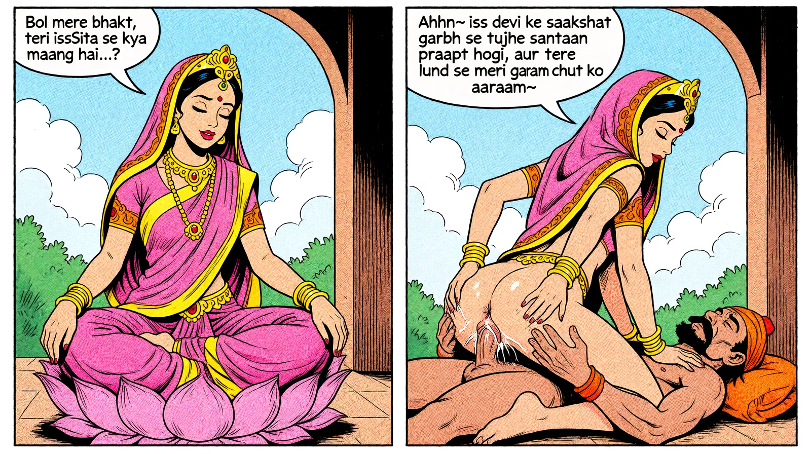Redraw the entire picture as western comic-book art: heavy black inked outlines, hard-edged cel shading, limited high-contrast colour and visible halftone dot texture. The background is drawn in the same style. Nothing in the frame keeps its photographic appearance. Above all, the picture must show: Two equally sized panels. In the first, she is sitting cross-legged upon a lotus, in a divine pose with closed eyes, as she says: ‘Bol mere bhakt, teri iss Sita se kya maang hai...?’ On the second, with her eyes open, she’s squatting over a pilgrim in the reverse cowgirl position, with six arms, spreading her ass as she fucks his penis, and is saying: ‘Ahhn~ iss devi ke saakshat garbh se tujhe santaan praapt hogi, aur tere lund se meri garam chut ko aaraam~’.