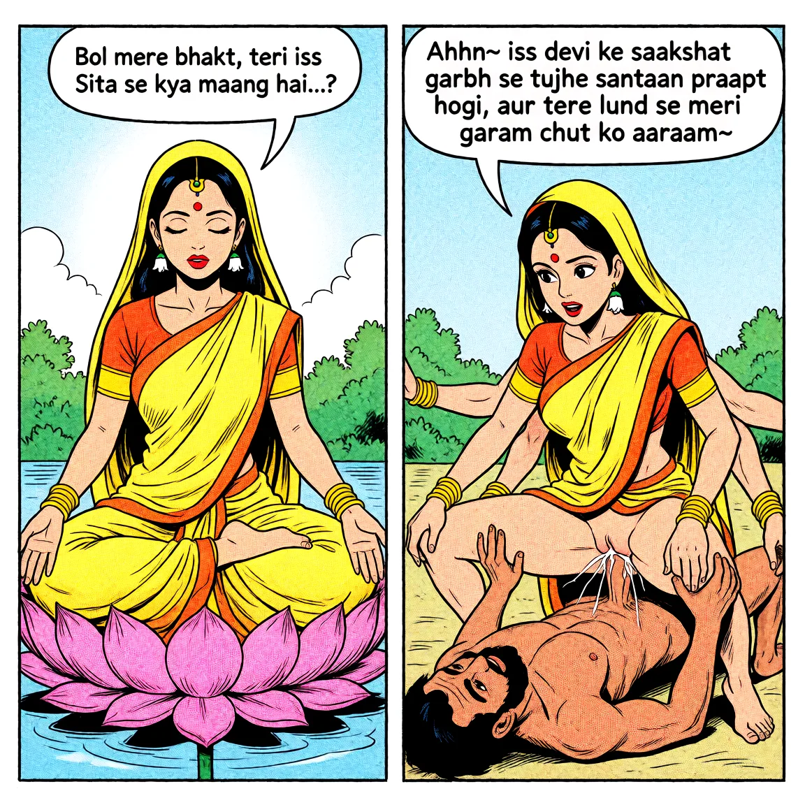 Redraw the entire picture as western comic-book art: heavy black inked outlines, hard-edged cel shading, limited high-contrast colour and visible halftone dot texture. The background is drawn in the same style. Nothing in the frame keeps its photographic appearance. Above all, the picture must show: Two equally sized panels. In the first, she is sitting cross-legged upon a lotus, in a divine pose with closed eyes, as she says: ‘Bol mere bhakt, teri iss Sita se kya maang hai...?’ On the second, with her eyes open, she’s squatting over a pilgrim in the reverse cowgirl position, with six arms, spreading her ass as she fucks his penis, and is saying: ‘Ahhn~ iss devi ke saakshat garbh se tujhe santaan praapt hogi, aur tere lund se meri garam chut ko aaraam~’.