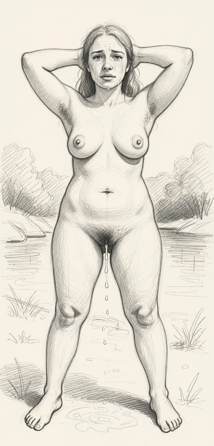 Redraw the entire picture as a hand-drawn graphite sketch on off-white paper: visible pencil strokes, cross-hatched shading, loose construction lines and no colour beyond the grey of the pencil and the tone of the paper. The background is drawn in the same style. Nothing in the frame keeps its photographic appearance. Above all, the picture must show: The woman is standing full-length outdoors, completely naked. Her figure is slightly plump. Her hips are wide. Her breasts are small. Her nipples are large and red. She has her hands behind her head. Her armpits are very hairy. Her legs are shoulder‑width apart. Her vagina is very hairy. Her pubic area is very hairy. Her cheeks are red. Transparent tears are streaming down her cheeks. Transparent drops of water are flowing from her vagina. The woman is visible in full length.