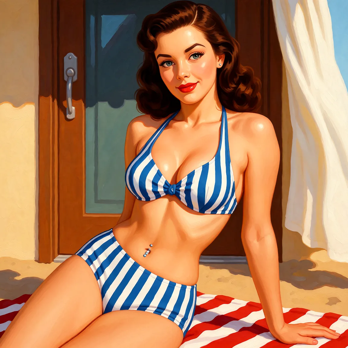 Redraw the entire picture as a retro pin-up illustration: smooth airbrushed gouache paint, warm saturated mid-century colour, clean confident outlines and glamorous stylised features, in the look of a 1950s pin-up poster. The background is painted in the same style. Nothing in the frame keeps its photographic appearance. Above all, the picture must show: Blue and white stripe bikini, belly button piercing, San Diego beach.
