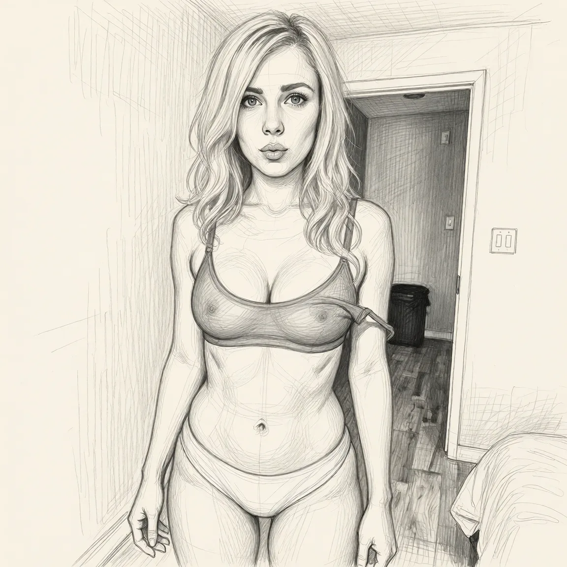 Redraw the entire picture as a hand-drawn graphite sketch on off-white paper: visible pencil strokes, cross-hatched shading, loose construction lines and no colour beyond the grey of the pencil and the tone of the paper. The background is drawn in the same style. Nothing in the frame keeps its photographic appearance. Above all, the picture must show: undressing.