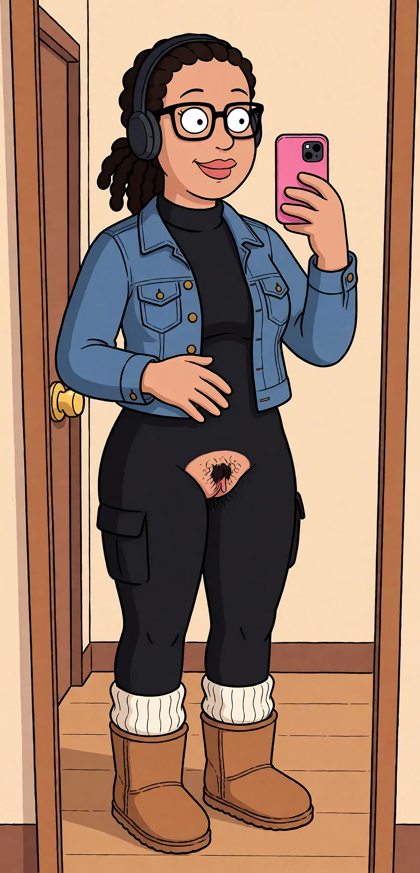 Redraw the entire picture as a western animated cartoon cel: thick even outlines, flat bright blocks of colour, simplified rounded shapes and hard-edged shadows, in the look of a television cartoon rather than of a camera. Keep the woman's adult proportions and adult figure exactly as they are; only the drawing style changes. The background is drawn in the same style. Nothing in the frame keeps its photographic appearance. Above all, the picture must show: Hairy pussy.