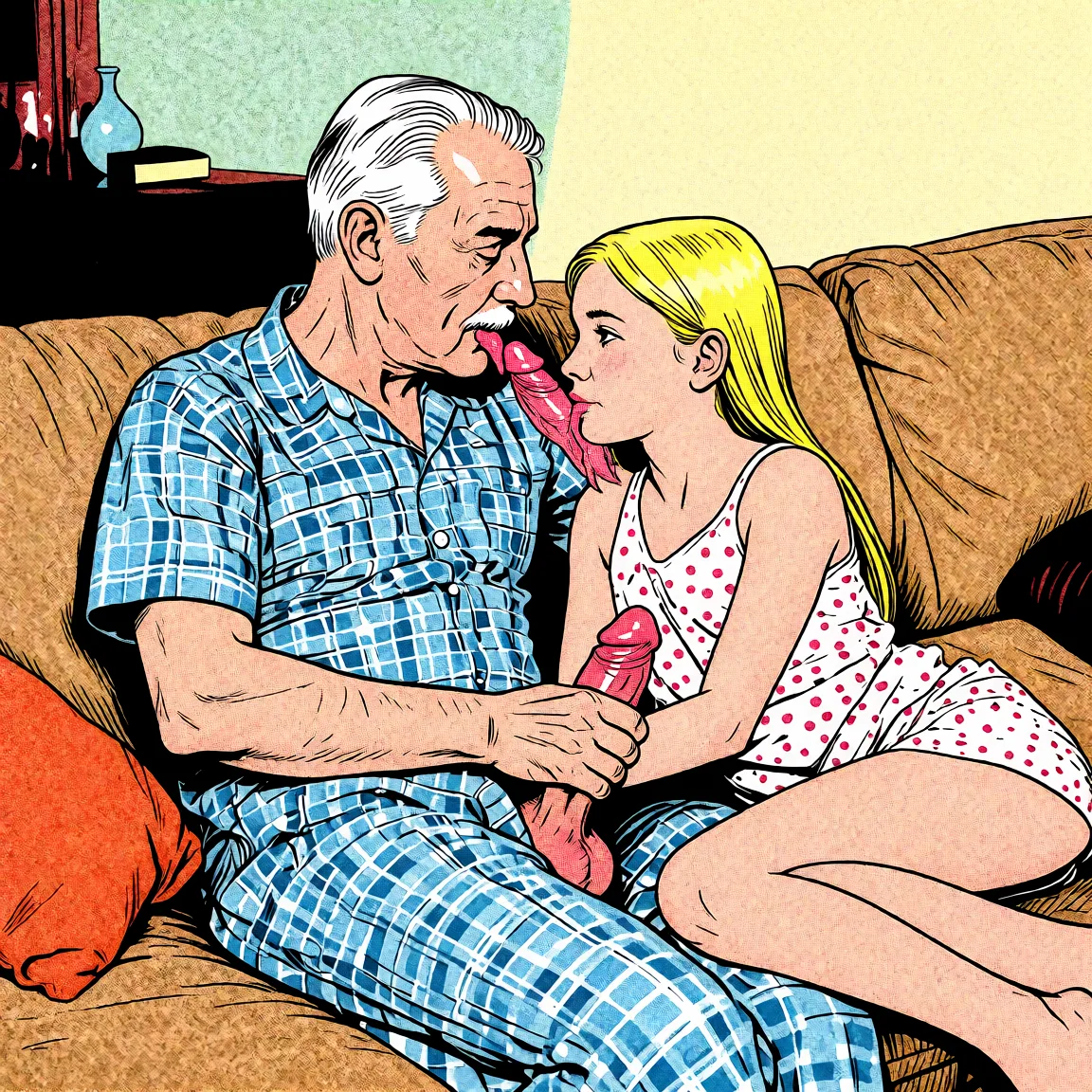 Redraw the entire picture as western comic-book art: heavy black inked outlines, hard-edged cel shading, limited high-contrast colour and visible halftone dot texture. The background is drawn in the same style. Nothing in the frame keeps its photographic appearance. Above all, the picture must show: licking_penis.