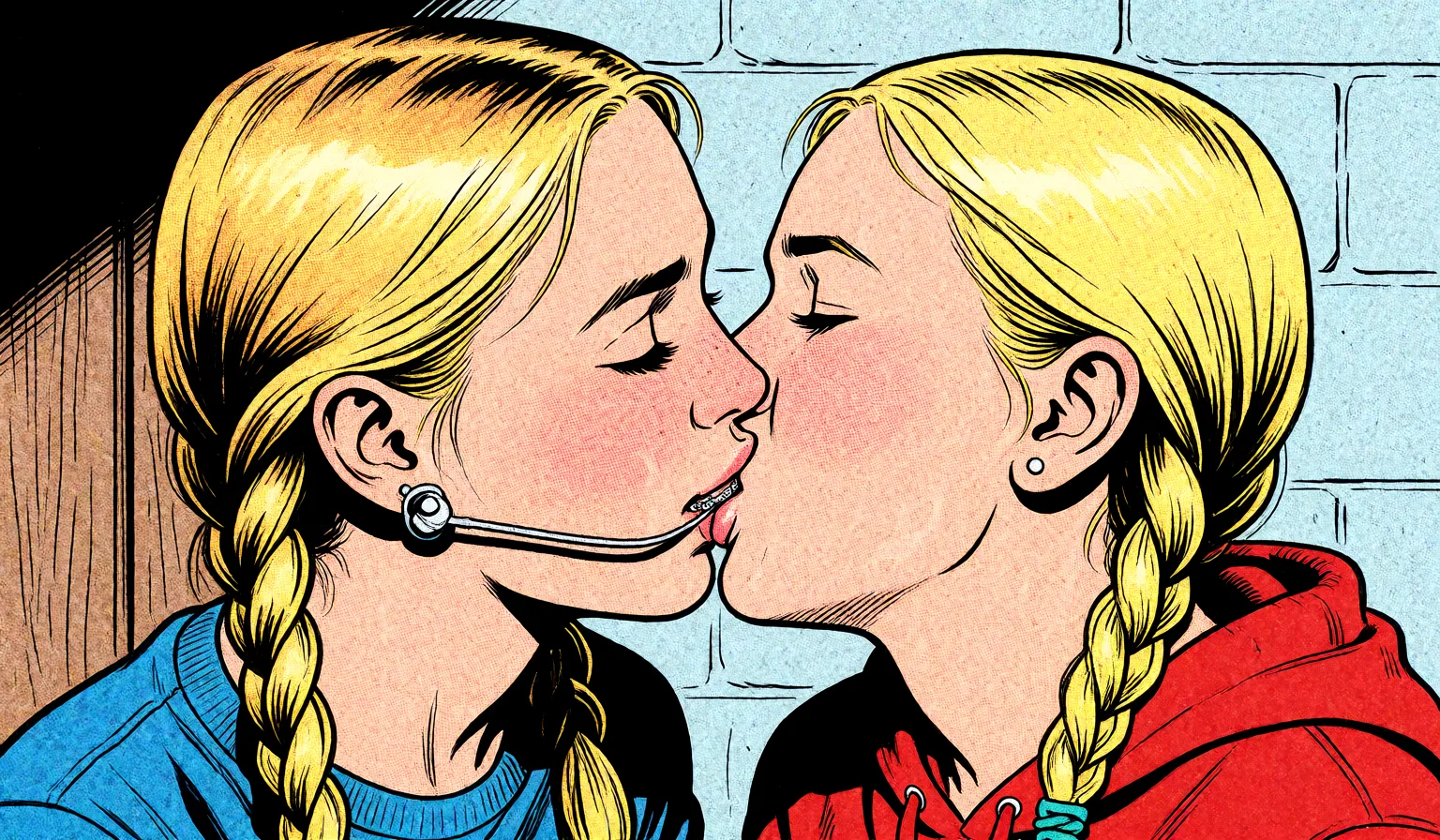 Redraw the entire picture as western comic-book art: heavy black inked outlines, hard-edged cel shading, limited high-contrast colour and visible halftone dot texture. The background is drawn in the same style. Nothing in the frame keeps its photographic appearance. Above all, the picture must show: french_kiss cum_in_mouth.