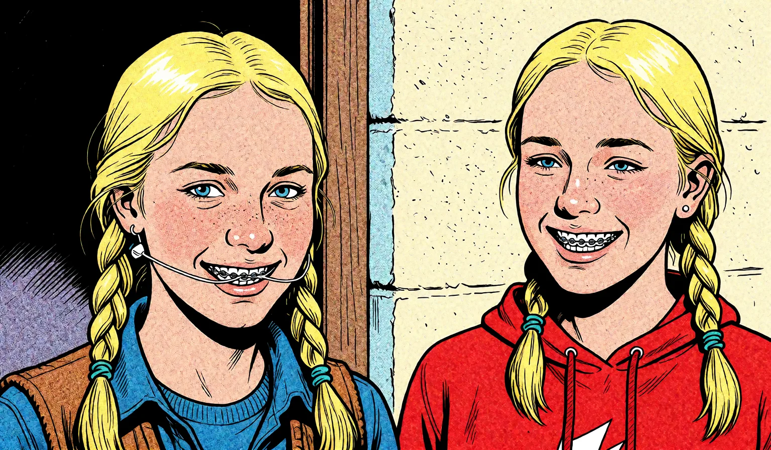 Redraw the entire picture as western comic-book art: heavy black inked outlines, hard-edged cel shading, limited high-contrast colour and visible halftone dot texture. The background is drawn in the same style. Nothing in the frame keeps its photographic appearance. Above all, the picture must show: spread_legs.