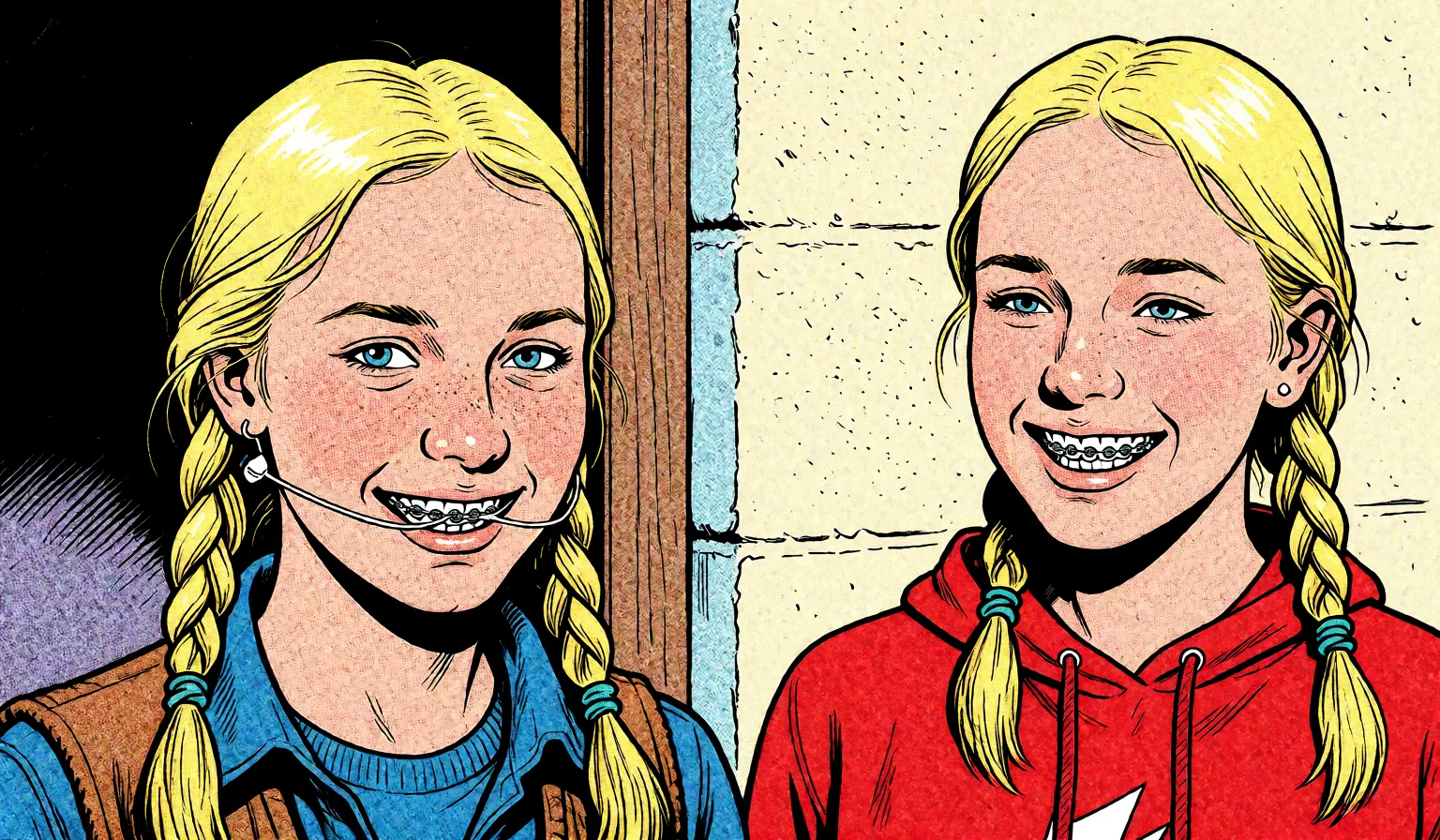 Redraw the entire picture as western comic-book art: heavy black inked outlines, hard-edged cel shading, limited high-contrast colour and visible halftone dot texture. The background is drawn in the same style. Nothing in the frame keeps its photographic appearance. Above all, the picture must show: panties.