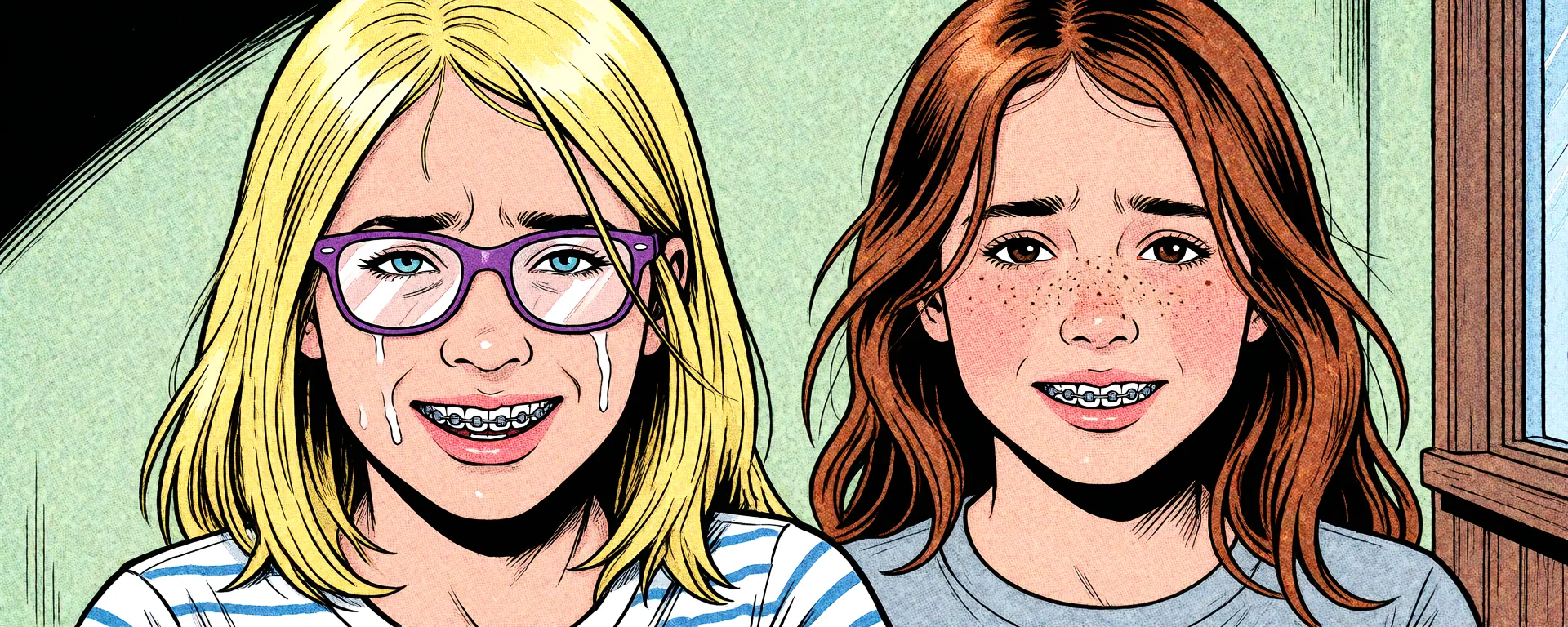 Redraw the entire picture as western comic-book art: heavy black inked outlines, hard-edged cel shading, limited high-contrast colour and visible halftone dot texture. The background is drawn in the same style. Nothing in the frame keeps its photographic appearance. Above all, the picture must show: embarrassed cum_in_mouth.