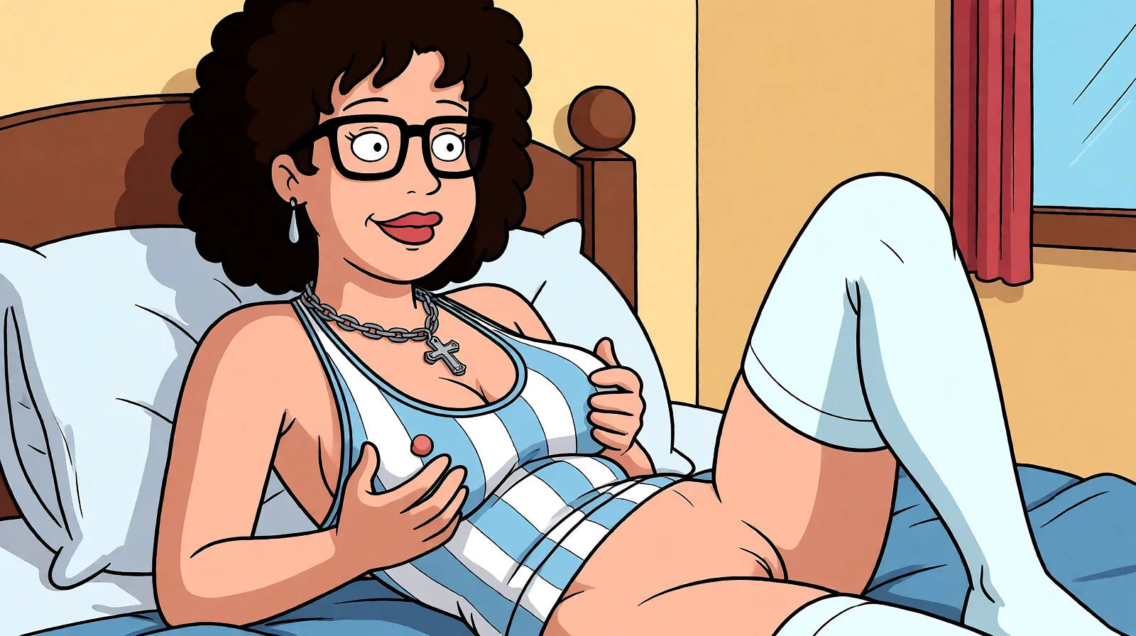 Redraw the entire picture as a western animated cartoon cel: thick even outlines, flat bright blocks of colour, simplified rounded shapes and hard-edged shadows, in the look of a television cartoon rather than of a camera. Keep the woman's adult proportions and adult figure exactly as they are; only the drawing style changes. The background is drawn in the same style. Nothing in the frame keeps its photographic appearance. Above all, the picture must show: grabbing_own_breast thighhighs nude.