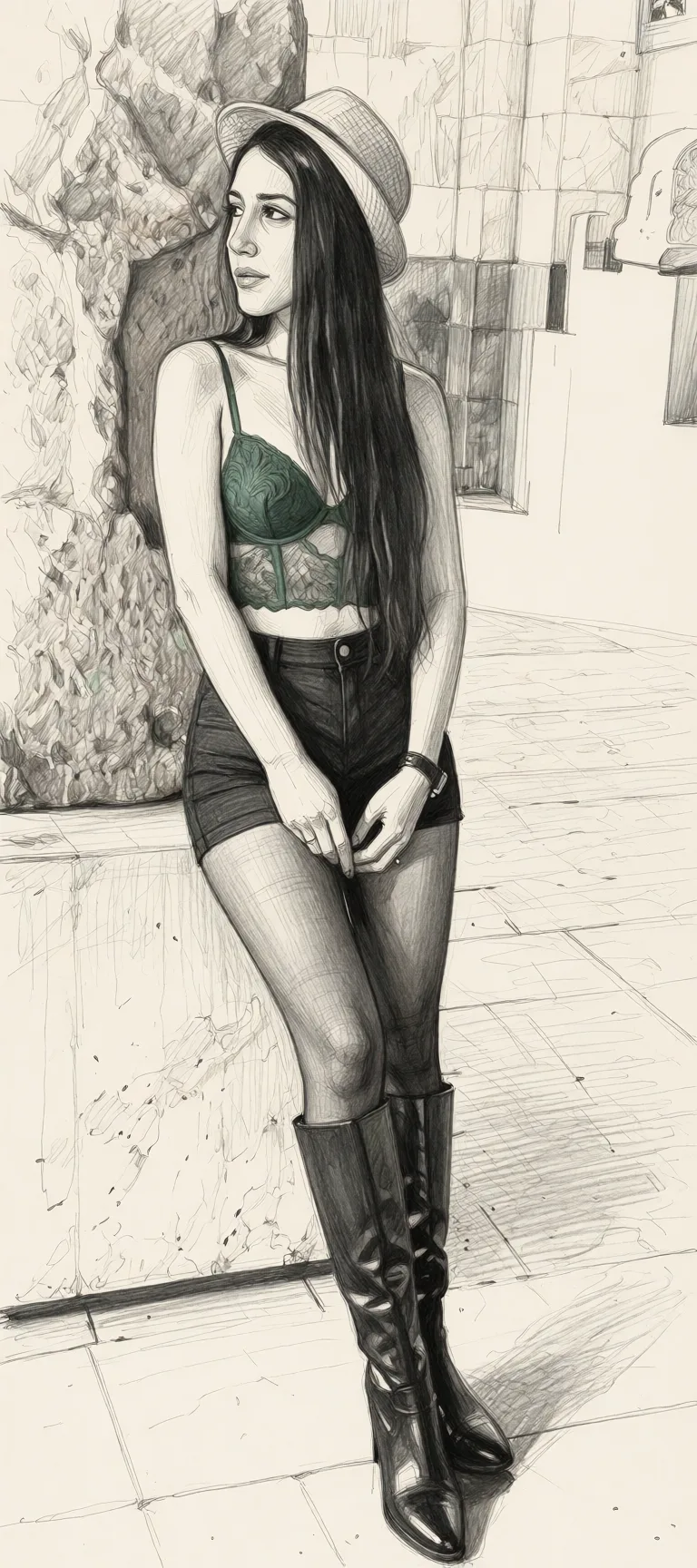 Redraw the entire picture as a hand-drawn graphite sketch on off-white paper: visible pencil strokes, cross-hatched shading, loose construction lines and no colour beyond the grey of the pencil and the tone of the paper. The background is drawn in the same style. Nothing in the frame keeps its photographic appearance. Above all, the picture must show: Doggystyle.