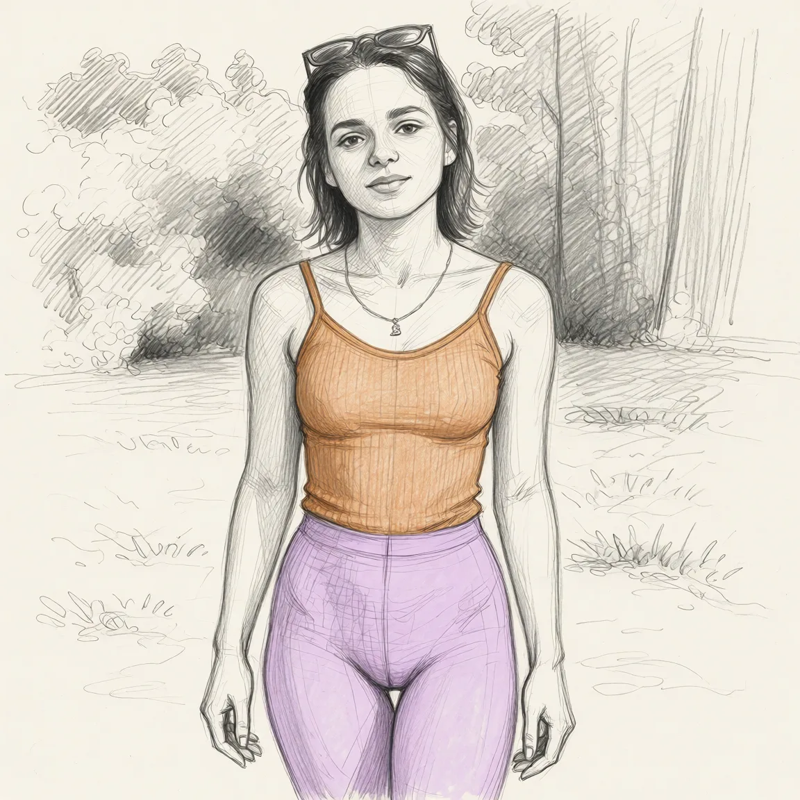 Redraw the entire picture as a hand-drawn graphite sketch on off-white paper: visible pencil strokes, cross-hatched shading, loose construction lines and no colour beyond the grey of the pencil and the tone of the paper. The background is drawn in the same style. Nothing in the frame keeps its photographic appearance. Above all, the picture must show: She stands in lilac tight tights.