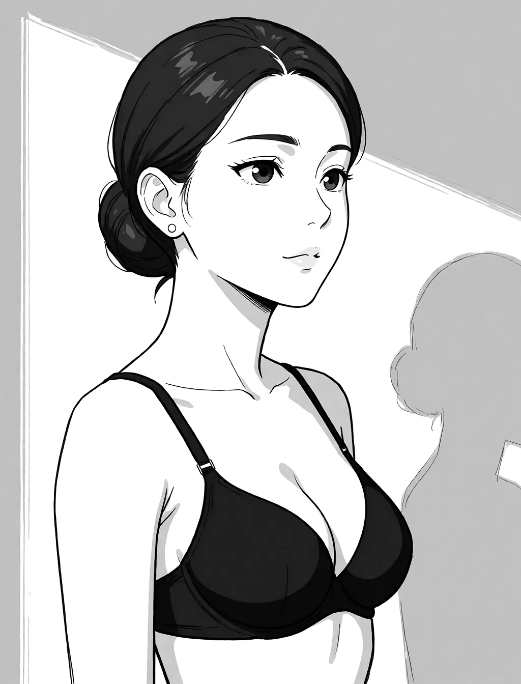 Redraw the entire picture as a hand-drawn anime illustration in flat cel-shaded anime style. It stays the same person with the same face, the same expression, the same hair and the same skin tone, and every other detail of the photograph is kept exactly as it is: nothing is added, removed, moved, uncovered or recoloured. Only the medium changes, and no part of the picture is left photographic. Above all, the picture must show: wearing black bra.