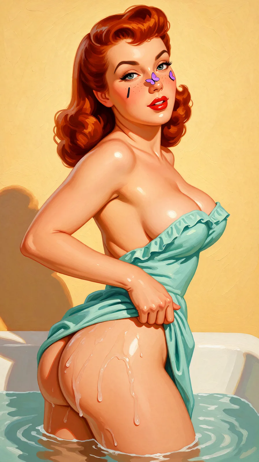 Redraw the entire picture as a retro pin-up illustration: smooth airbrushed gouache paint, warm saturated mid-century colour, clean confident outlines and glamorous stylised features, in the look of a 1950s pin-up poster. The background is painted in the same style. Nothing in the frame keeps its photographic appearance. Above all, the picture must show: Slowly revealing her ass.