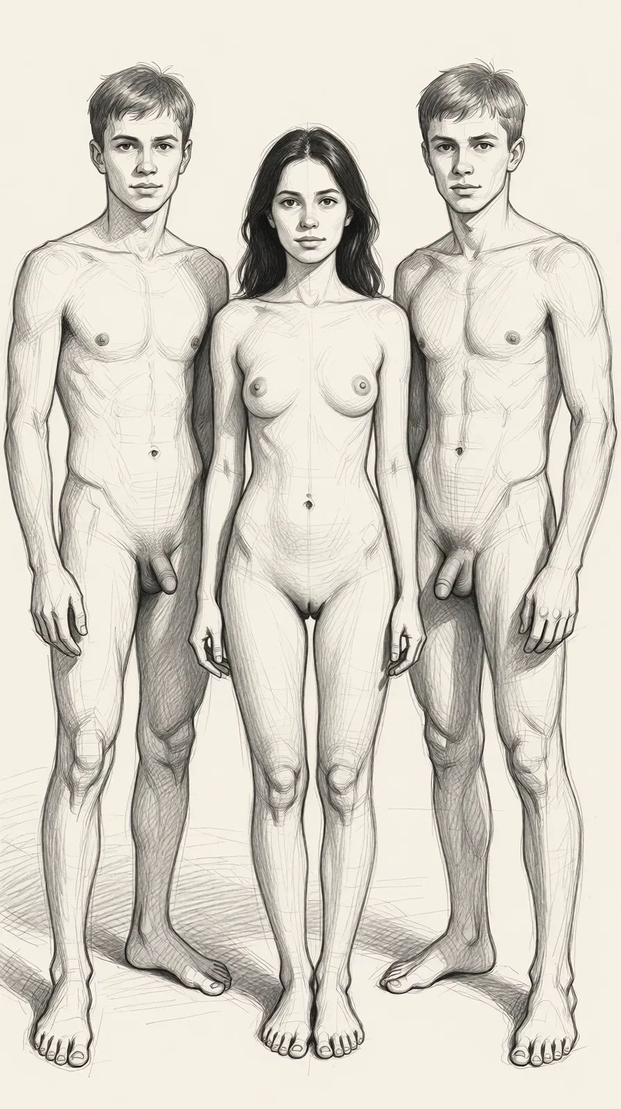 Redraw the entire picture as a hand-drawn graphite sketch on off-white paper: visible pencil strokes, cross-hatched shading, loose construction lines and no colour beyond the grey of the pencil and the tone of the paper. The background is drawn in the same style. Nothing in the frame keeps its photographic appearance. Above all, the picture must show: Масштаб у изображения должен быть 16:9. Слева и справа от девушки стоят парни, всего парней двое. Оба парня голые, худощавого и стройного телосложения, с белым естественным цветом кожи. У девушки размер груди не большой. У девушки цвет волос тёмно-коричневого цвета. Интимная стрижка у всех людей в кадре отсутствует, на половых органах волосы отсутствуют.