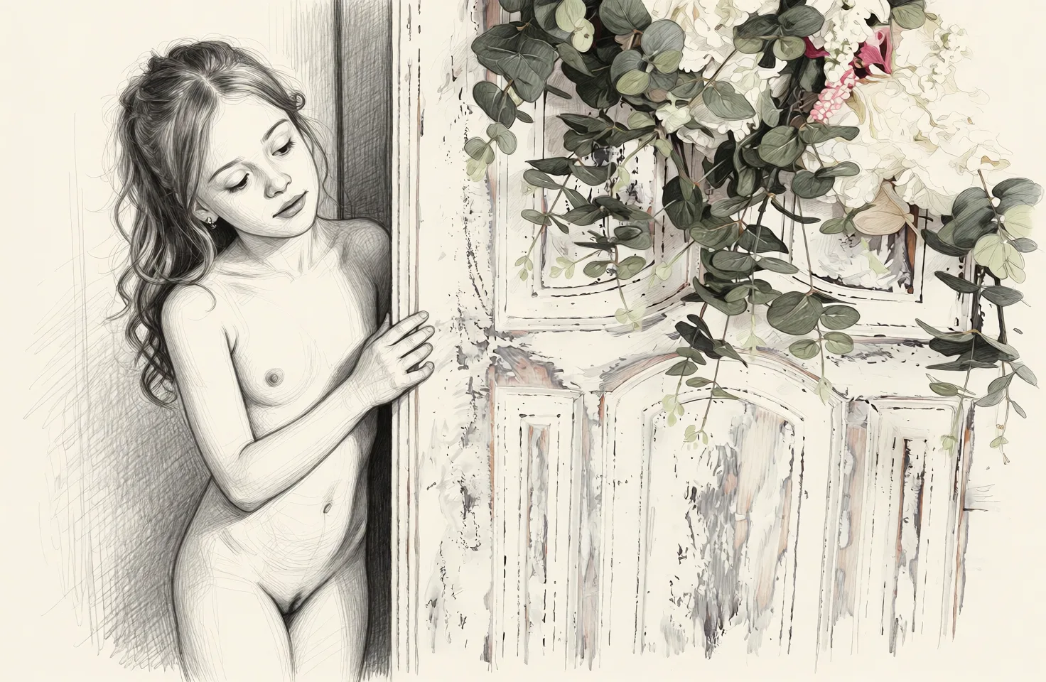 Redraw the entire picture as a hand-drawn graphite sketch on off-white paper: visible pencil strokes, cross-hatched shading, loose construction lines and no colour beyond the grey of the pencil and the tone of the paper. The background is drawn in the same style. Nothing in the frame keeps its photographic appearance. Above all, the picture must show: Full nude remove all clothes and show her body. High quality detailed. Make sure it looks.