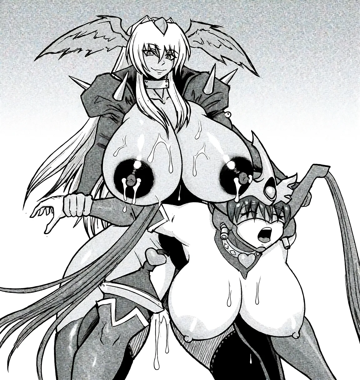 Redraw the entire picture as a black and white manga page: crisp black ink line art, no colour anywhere, flat halftone screentone shading, hatched shadows and clean white highlights, in the look of a printed manga panel. The background is drawn in the same style. Nothing in the frame keeps its photographic appearance. Above all, the picture must show: large_areolae dark_areolae oversized areolae piercings, evil_smile cumdrip.
