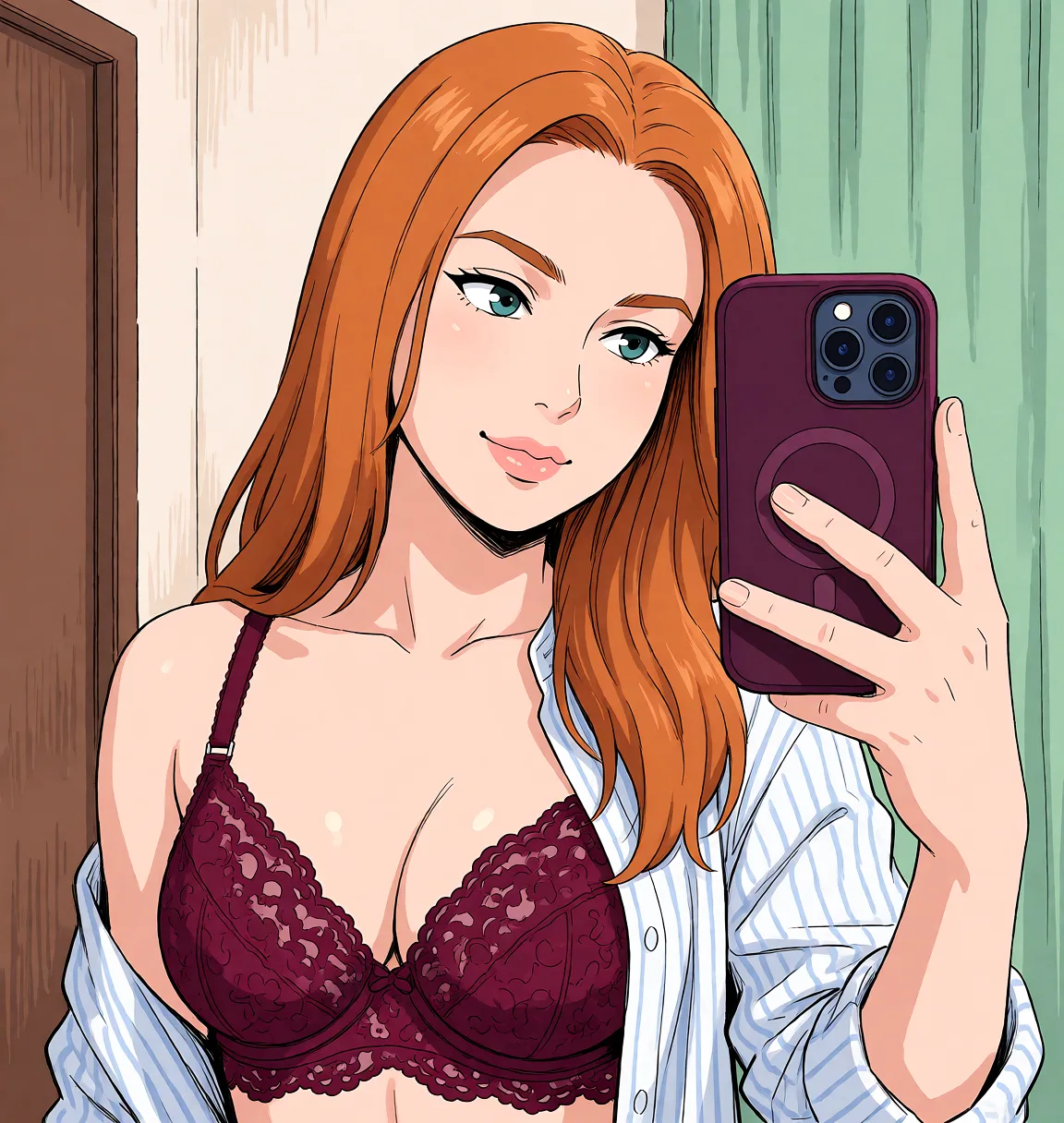 Redraw the entire picture as a hand-drawn anime illustration in flat cel-shaded anime style. It stays the same person with the same face, the same expression, the same hair and the same skin tone, and every other detail of the photograph is kept exactly as it is: nothing is added, removed, moved, uncovered or recoloured. Only the medium changes, and no part of the picture is left photographic. Above all, the picture must show: in burgundy lace lingerie.