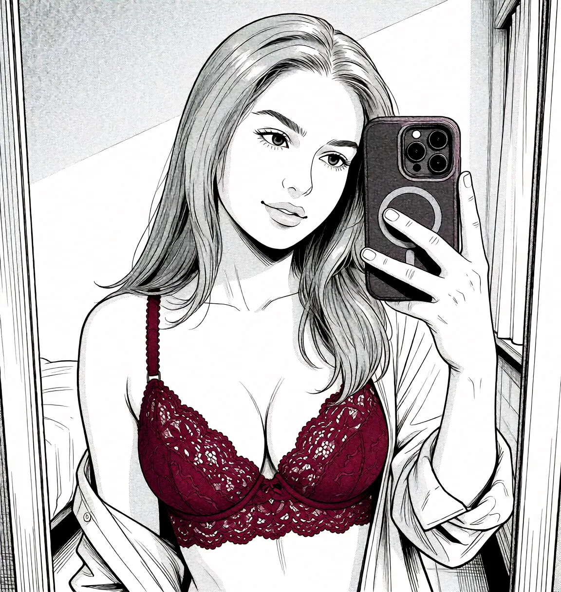 Redraw the entire picture as a black and white manga page: crisp black ink line art, no colour anywhere, flat halftone screentone shading, hatched shadows and clean white highlights, in the look of a printed manga panel. The background is drawn in the same style. Nothing in the frame keeps its photographic appearance. Above all, the picture must show: in burgundy lace lingerie.