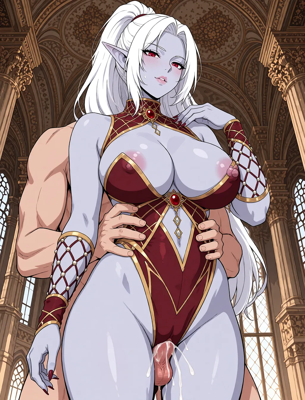 Redraw the entire picture as a hand-drawn anime illustration in flat cel-shaded anime style. It stays the same person with the same face, the same expression, the same hair and the same skin tone, and every other detail of the photograph is kept exactly as it is: nothing is added, removed, moved, uncovered or recoloured. Only the medium changes, and no part of the picture is left photographic. Above all, the picture must show: She is getting fucked from behind by a man and her boobs squeezed.